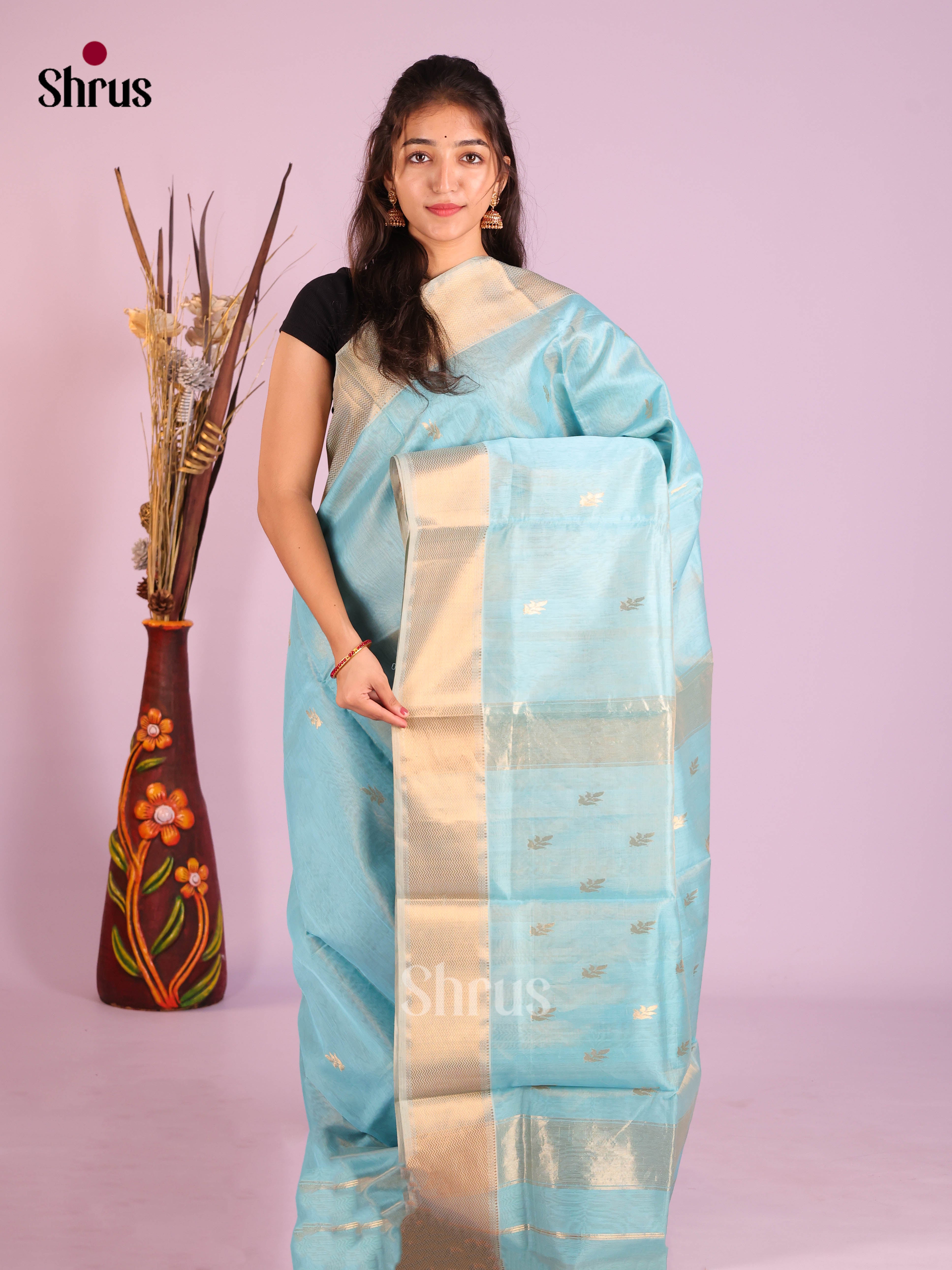 Charming Light Blue Maheshwari silk cotton Saree With Gold Buttas & Zari Border