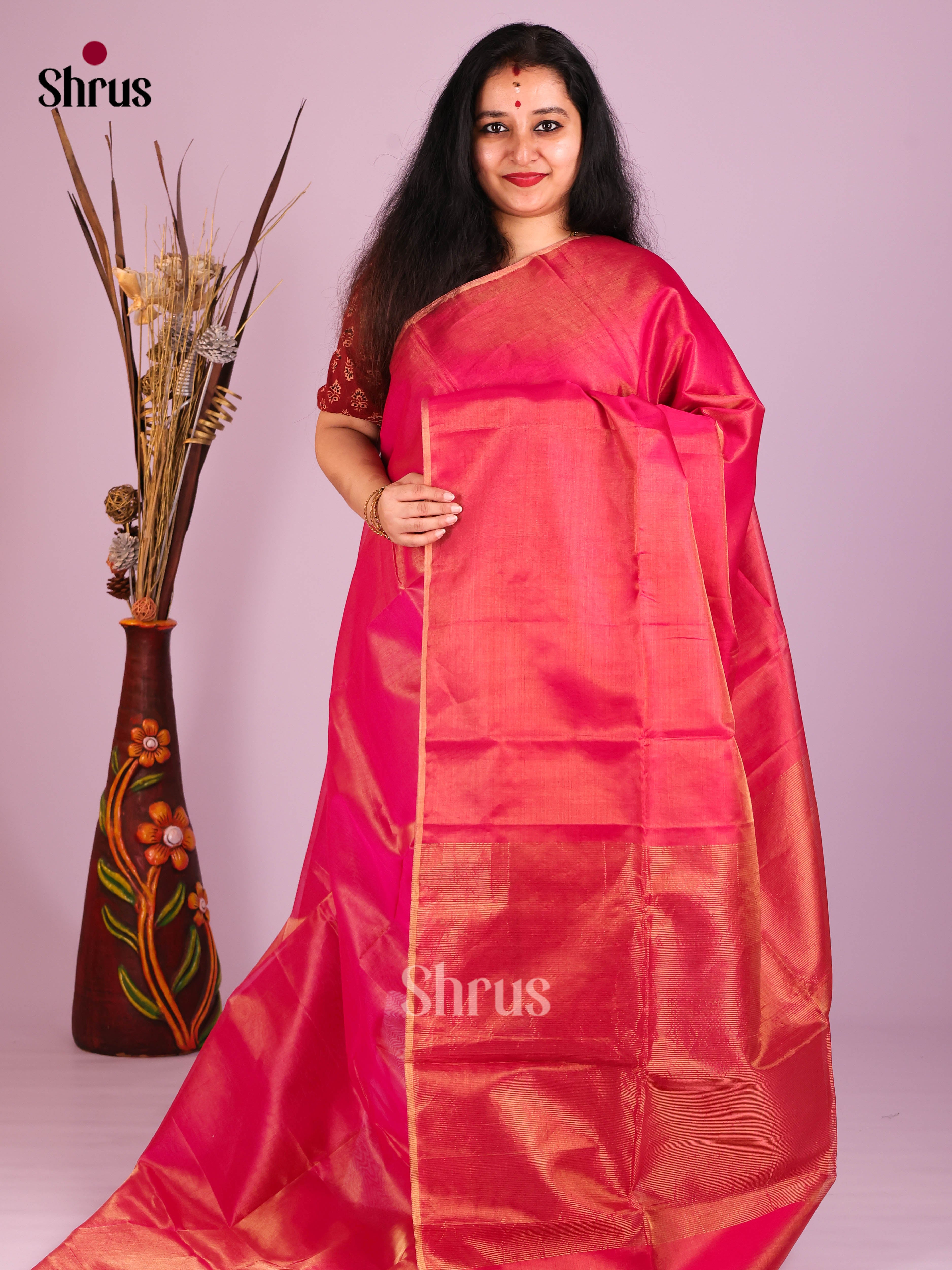 Reddish Pink (Single Tone) - Maheshwari silkcotton Saree