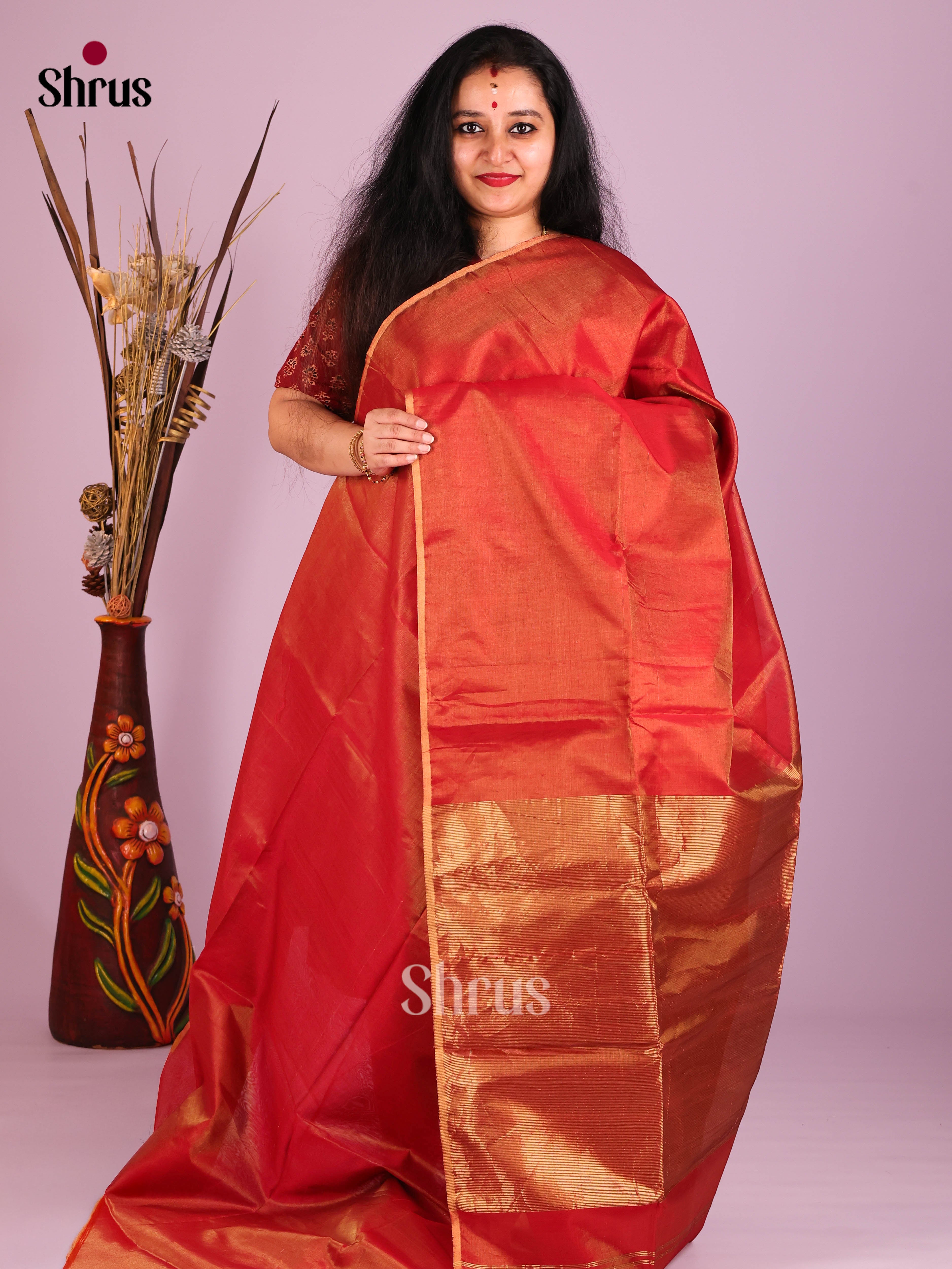 Red(Single Tone) - Maheshwari silkcotton Saree