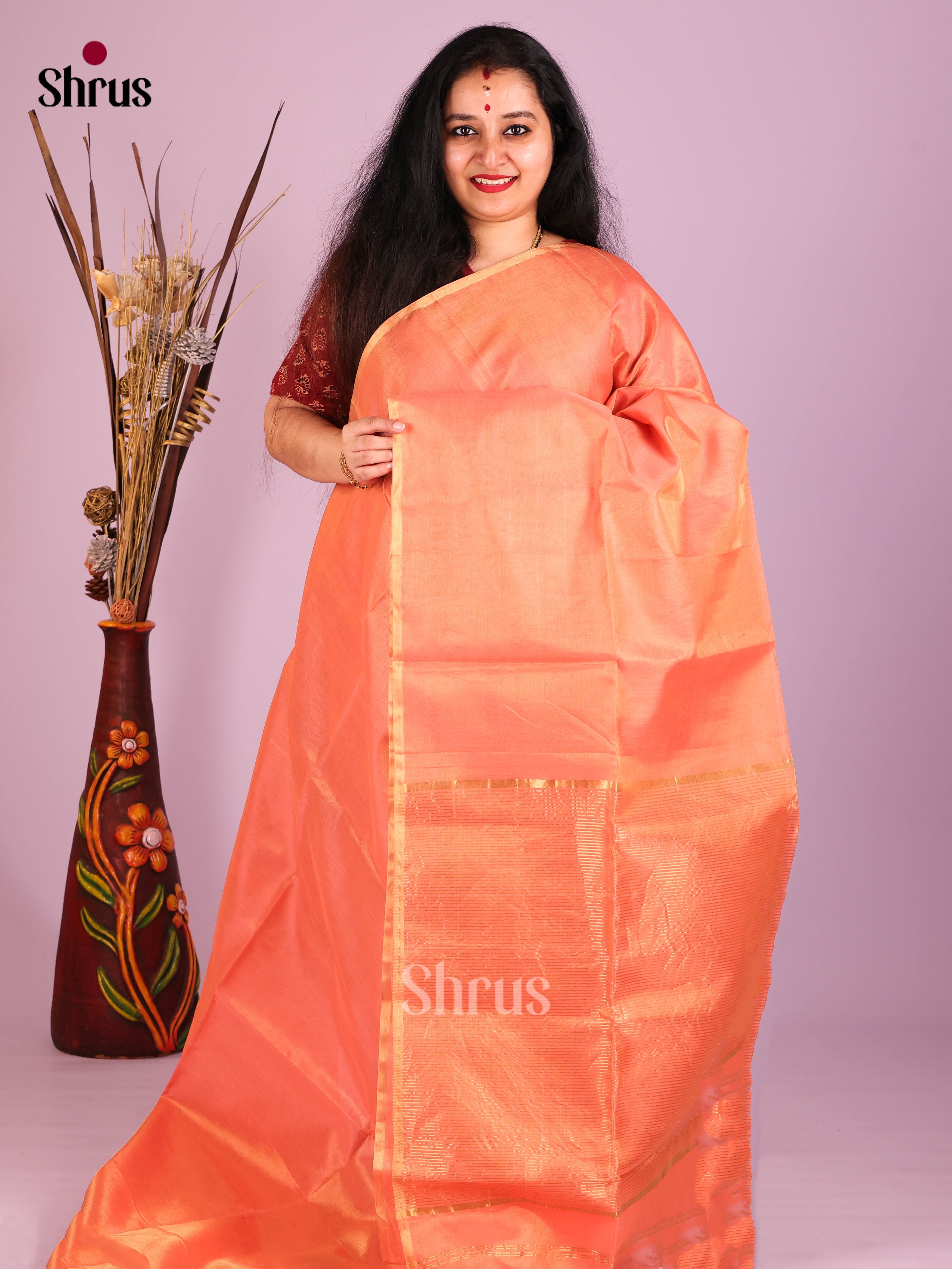 Peachish Orange(Single Tone) - Maheshwari silkcotton Saree