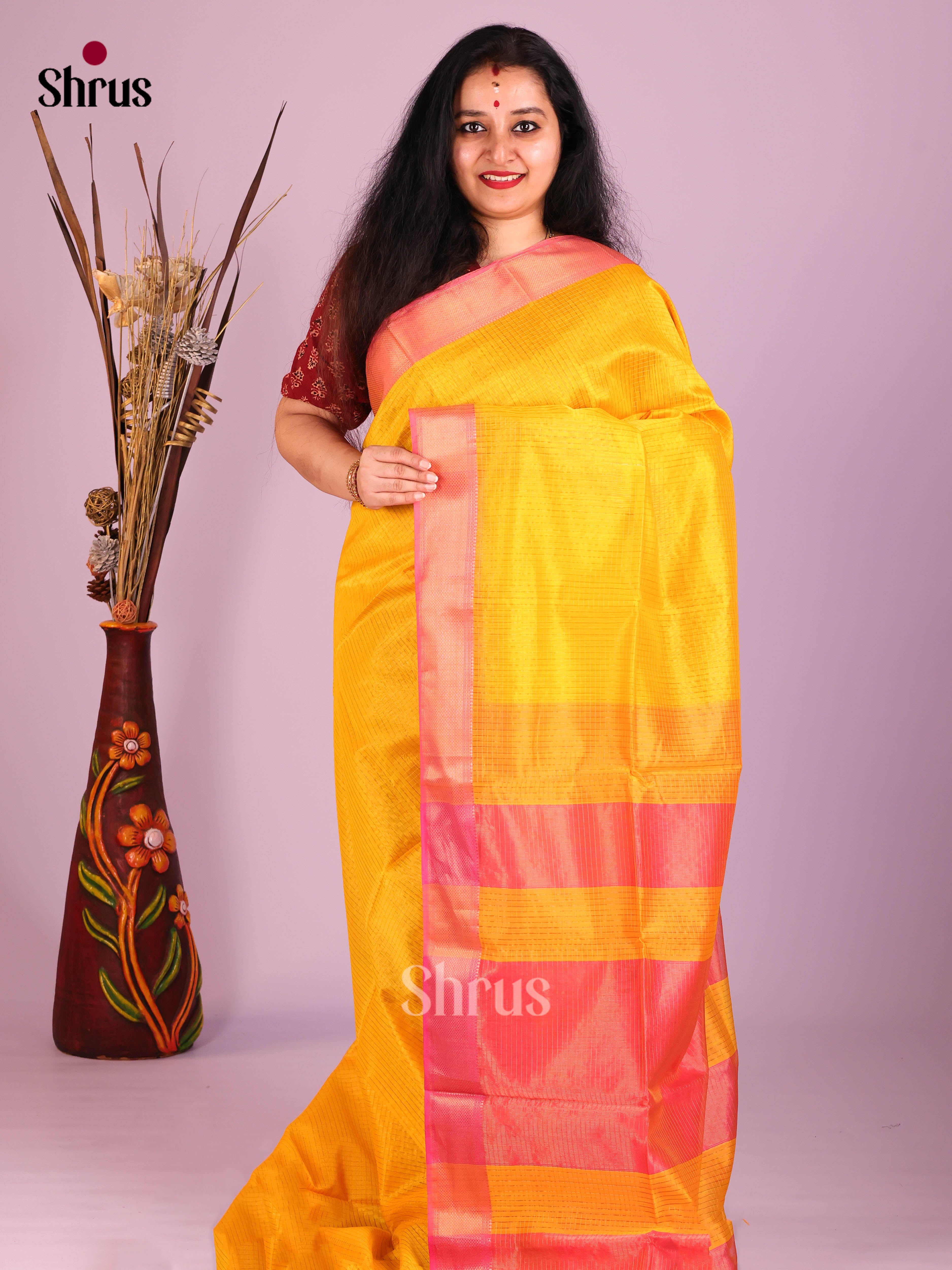 Yellow & Pink - Maheshwari silkcotton Saree