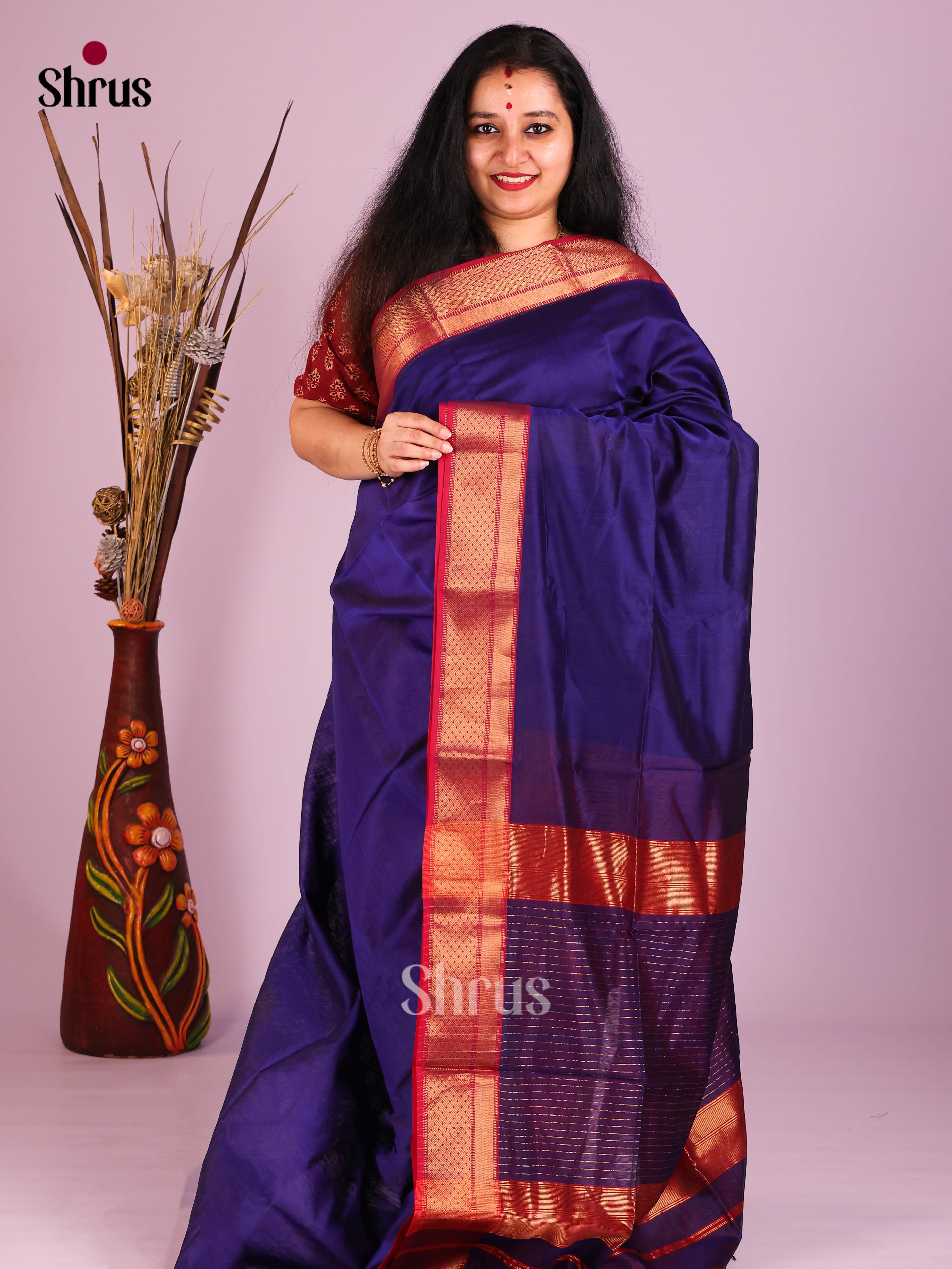 Blue & Red - Maheshwari silkcotton Saree - Shop on Shrus.com