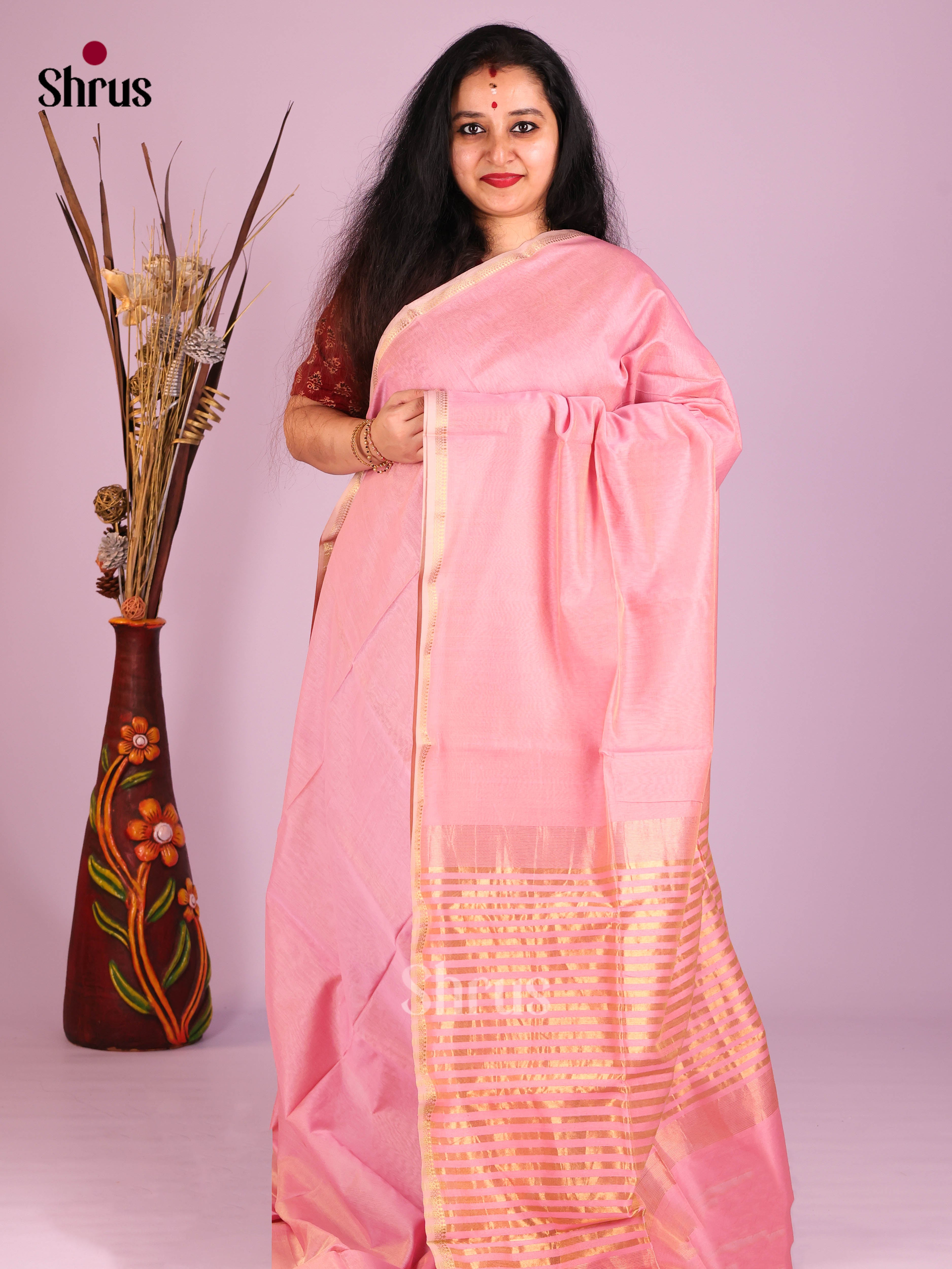 Pink(Single Tone) - Maheshwari silkcotton Saree - Shop on Shrus.com