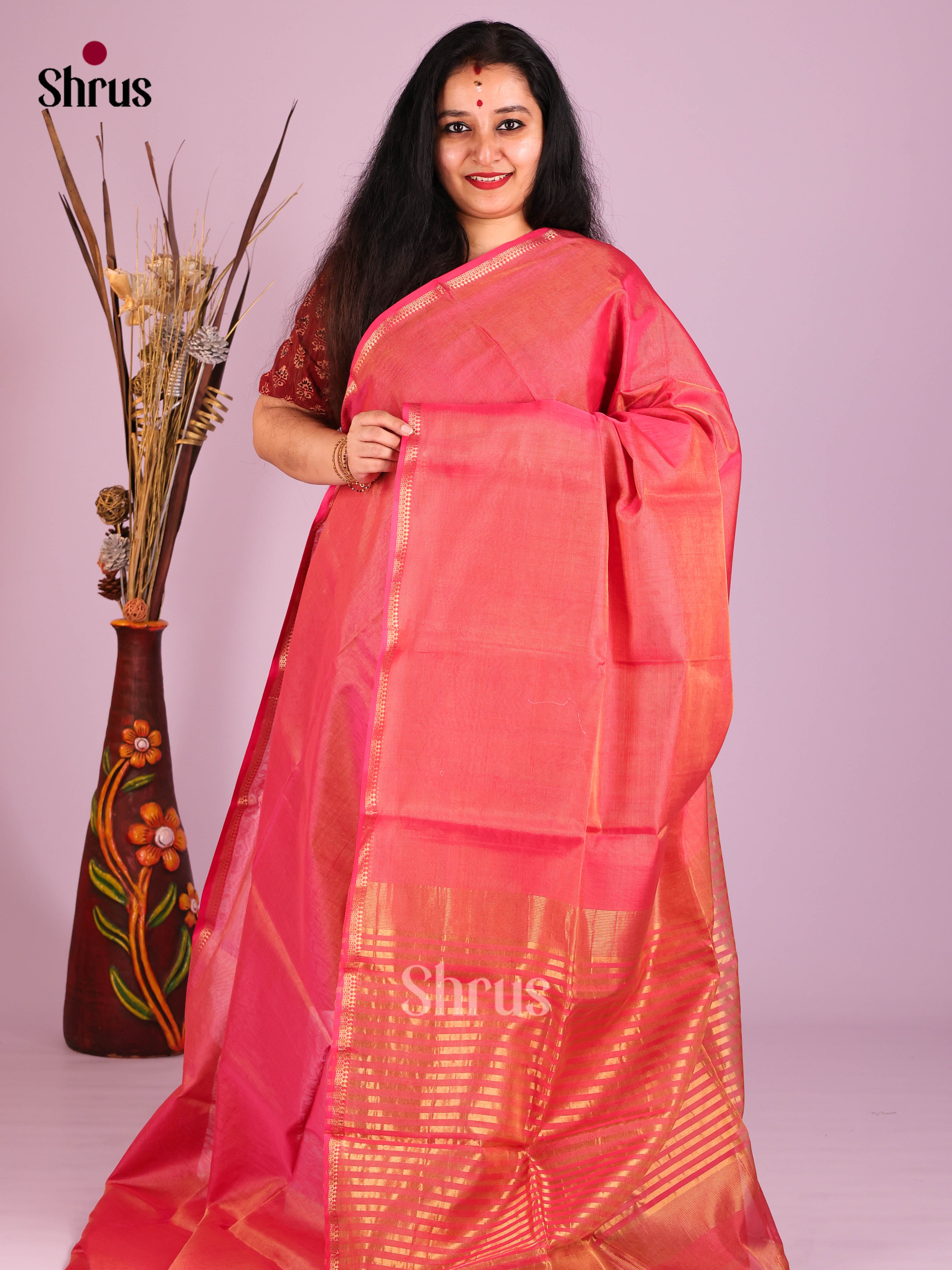 Orangish Pink(Single Tone) - Maheshwari silkcotton Saree - Shop on Shrus.com