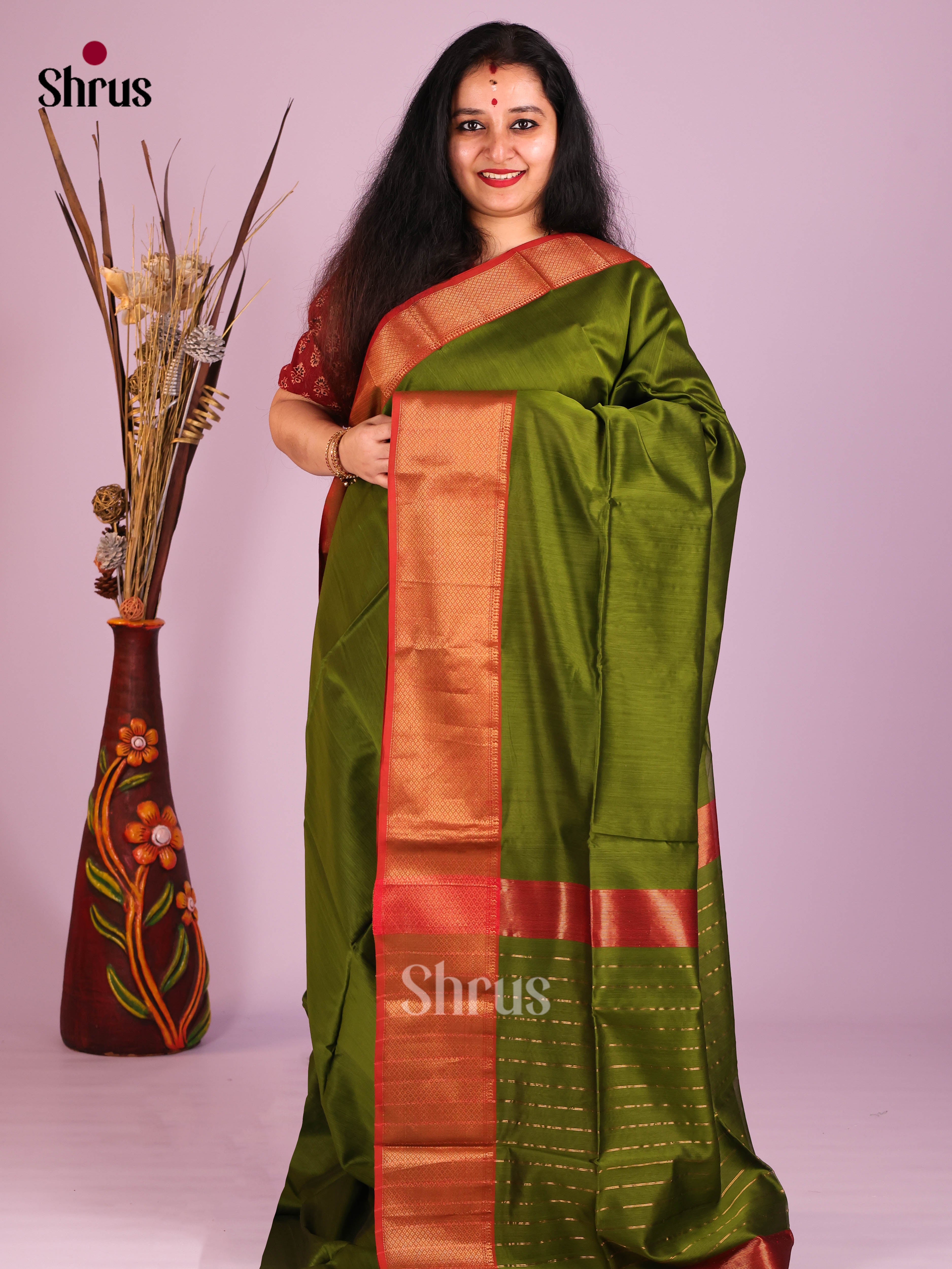 Green & Red - Maheshwari silkcotton Saree - Shop on Shrus.com