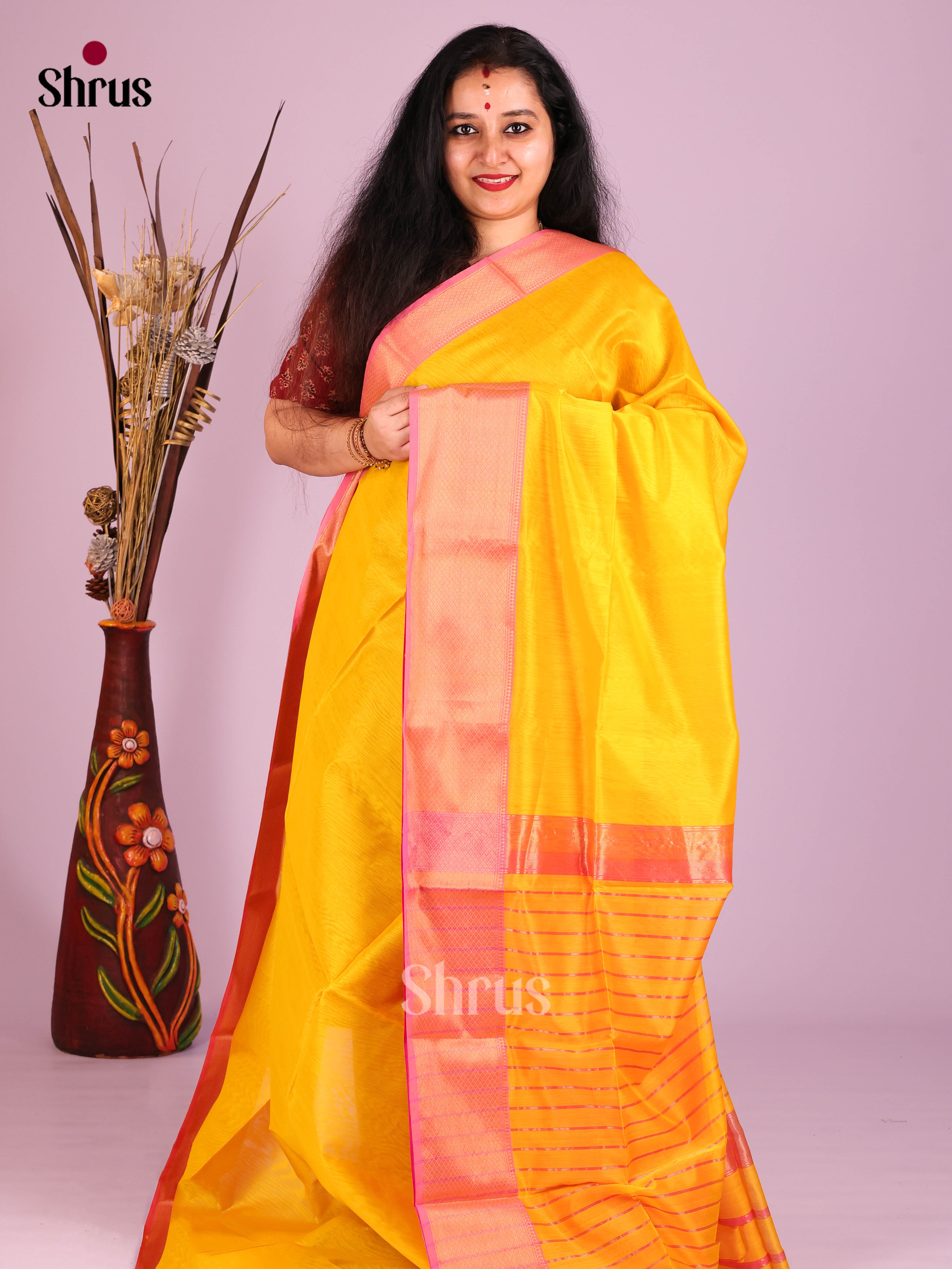 Yellow & Pink - Maheshwari silkcotton Saree