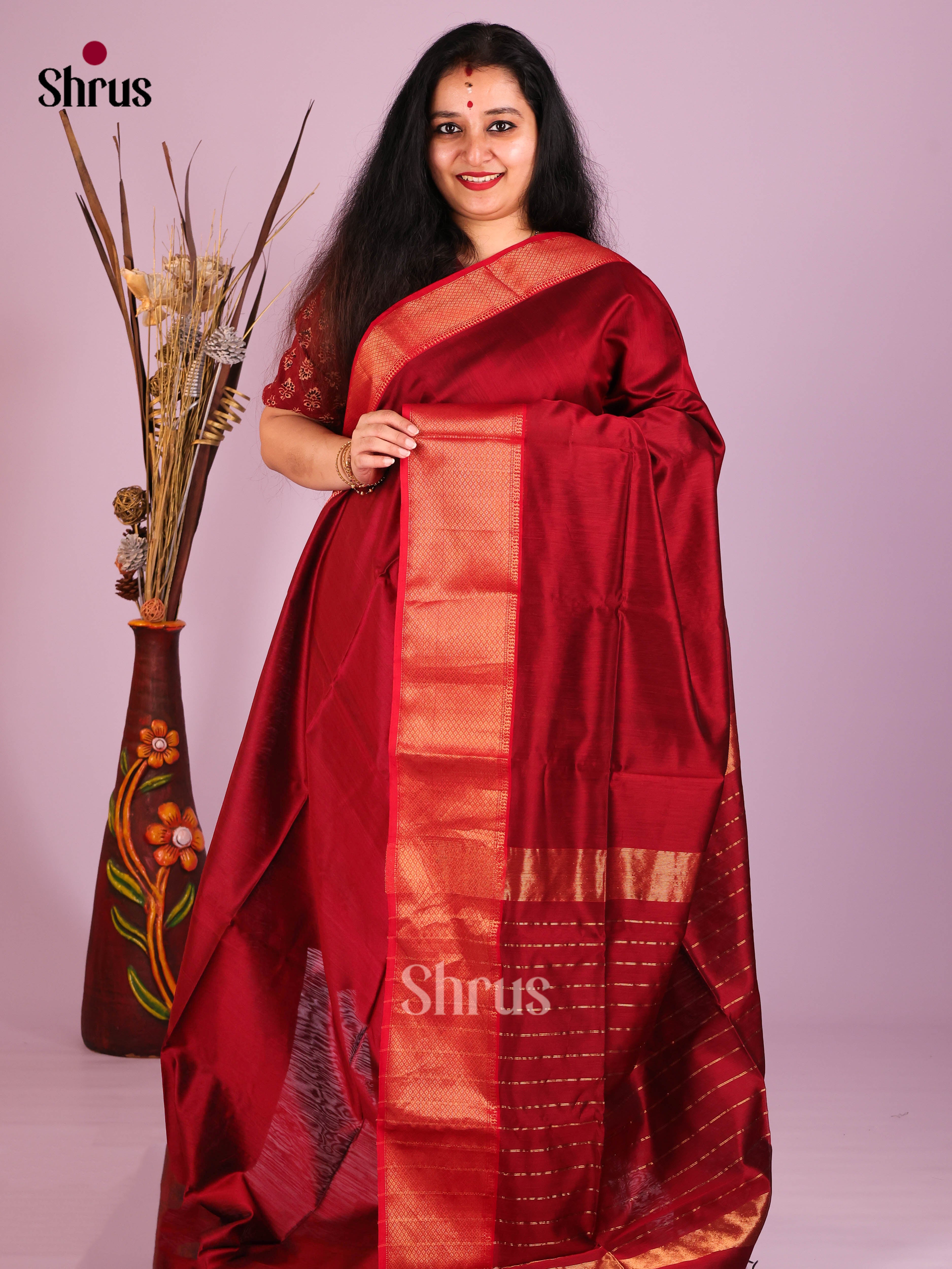 Maroon & Red - Maheshwari silkcotton Saree