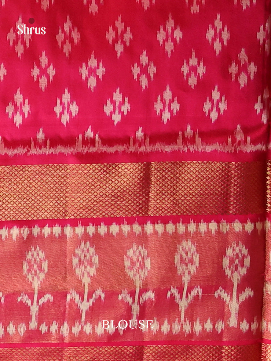 Black & White Ikkat Saree With Geometric Patterns & Pink Khaddi Border