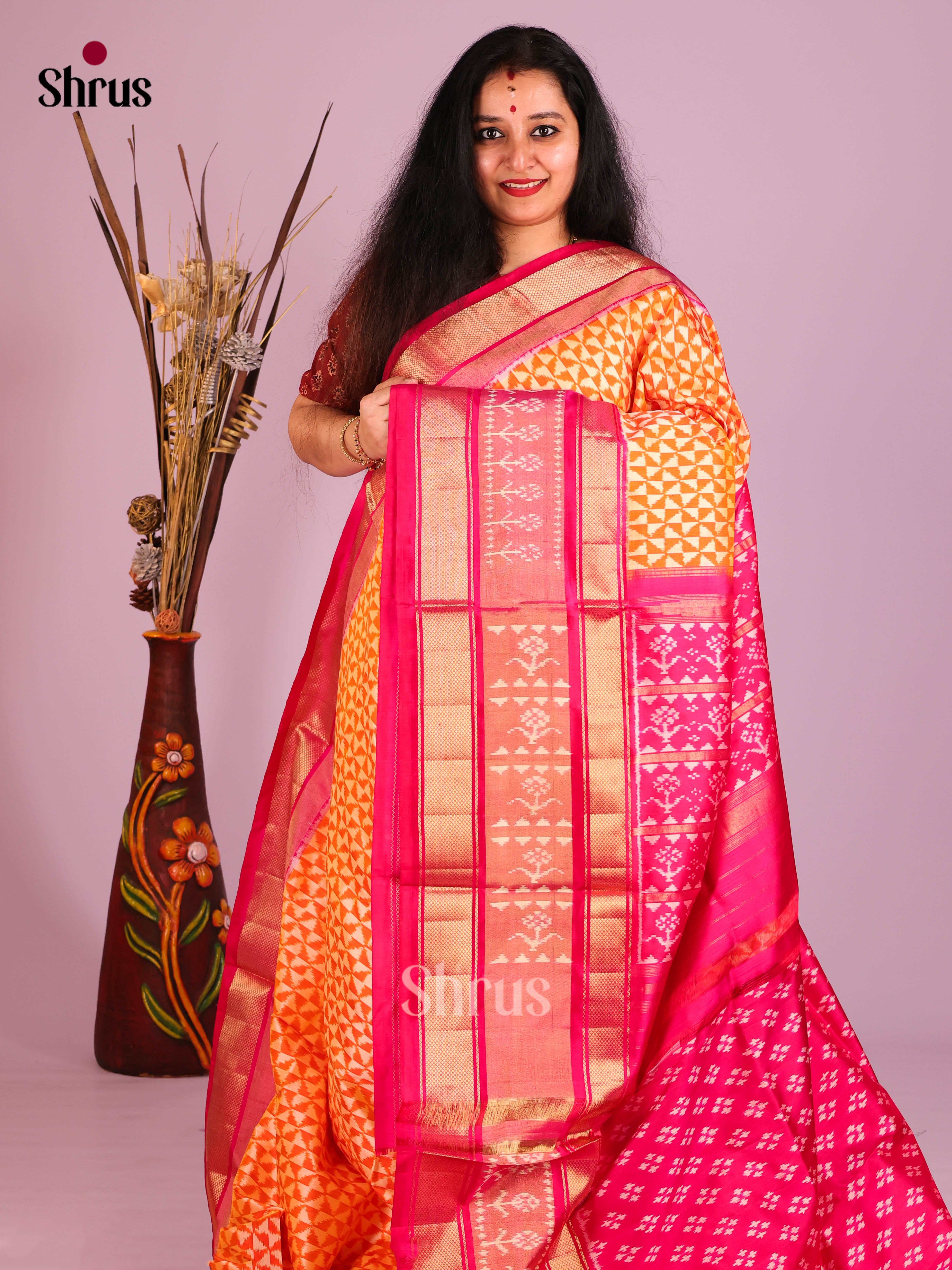 Cream & Pink- Ikkat Silk Saree