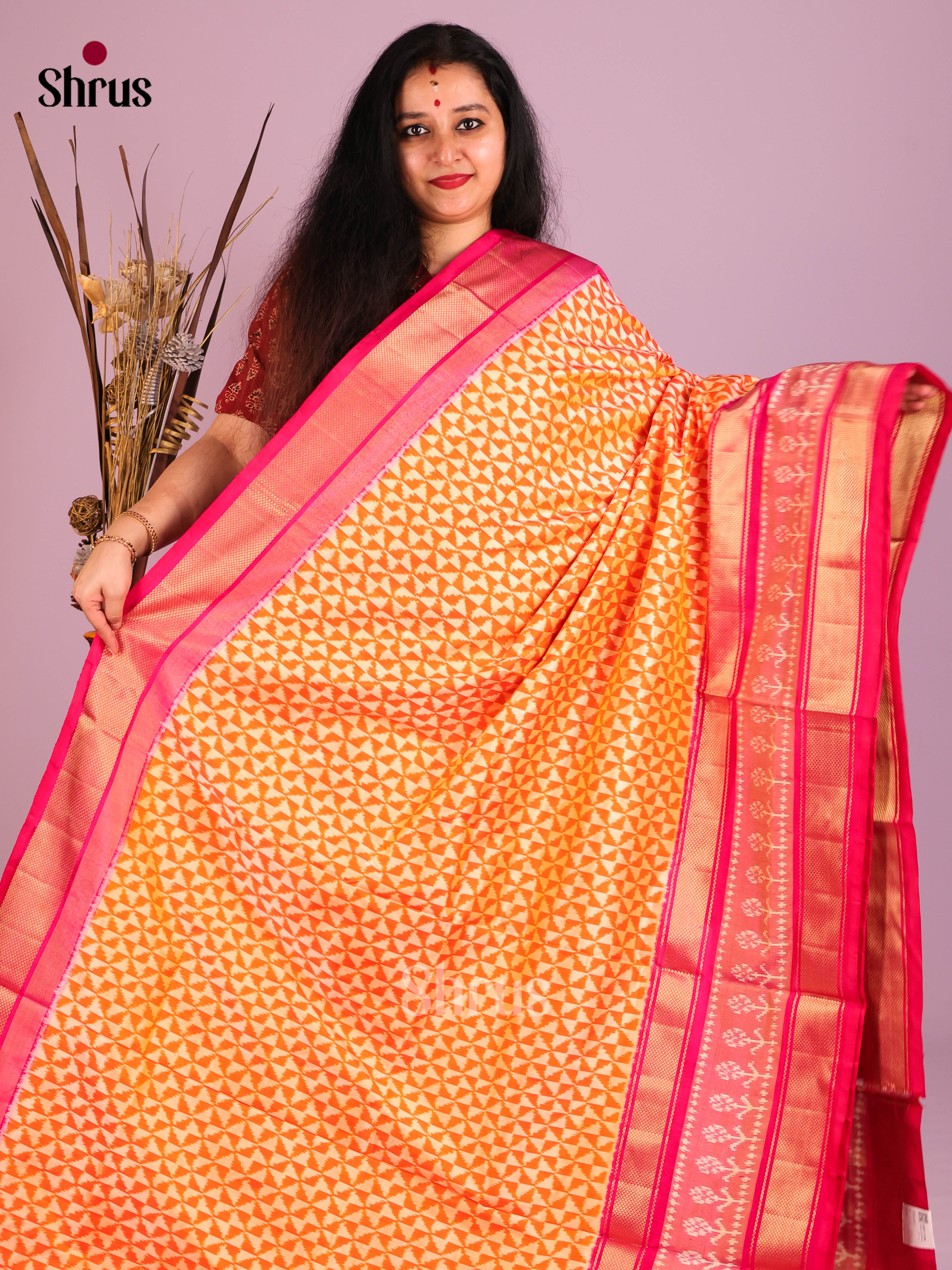 Cream & Pink- Ikkat Silk Saree