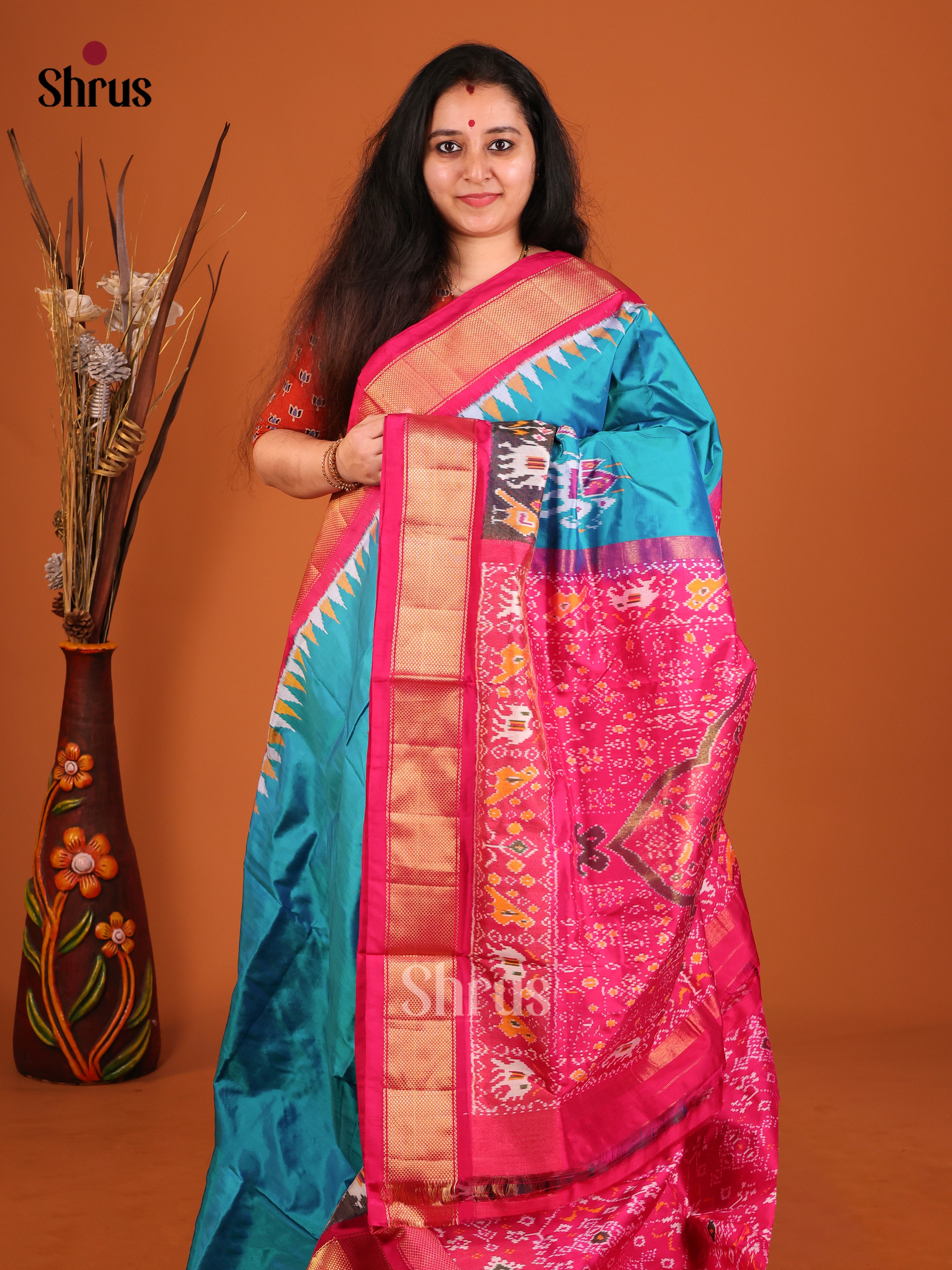 Blue & Pink - Ikkat Silk Saree