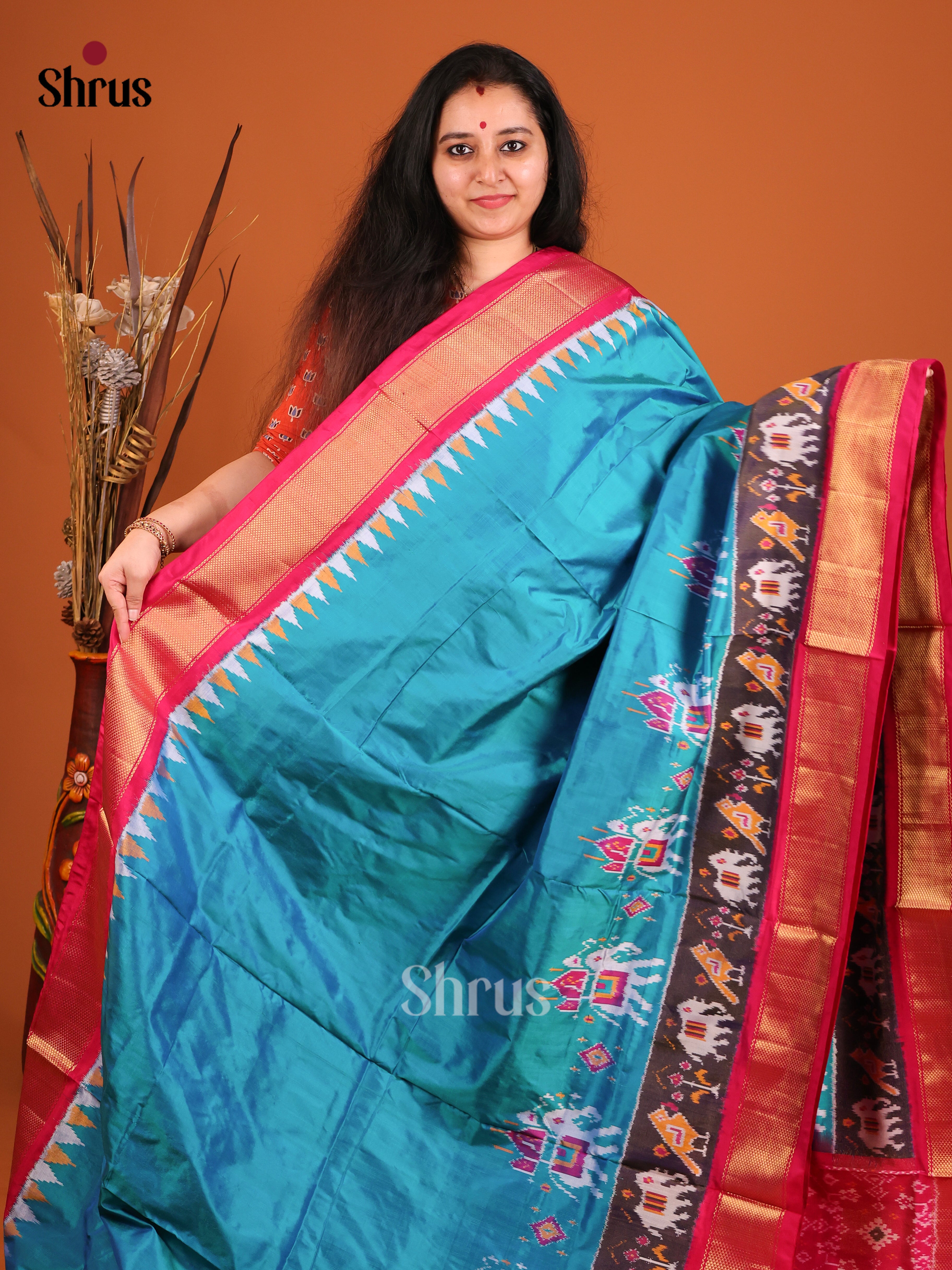 Blue & Pink - Ikkat Silk Saree