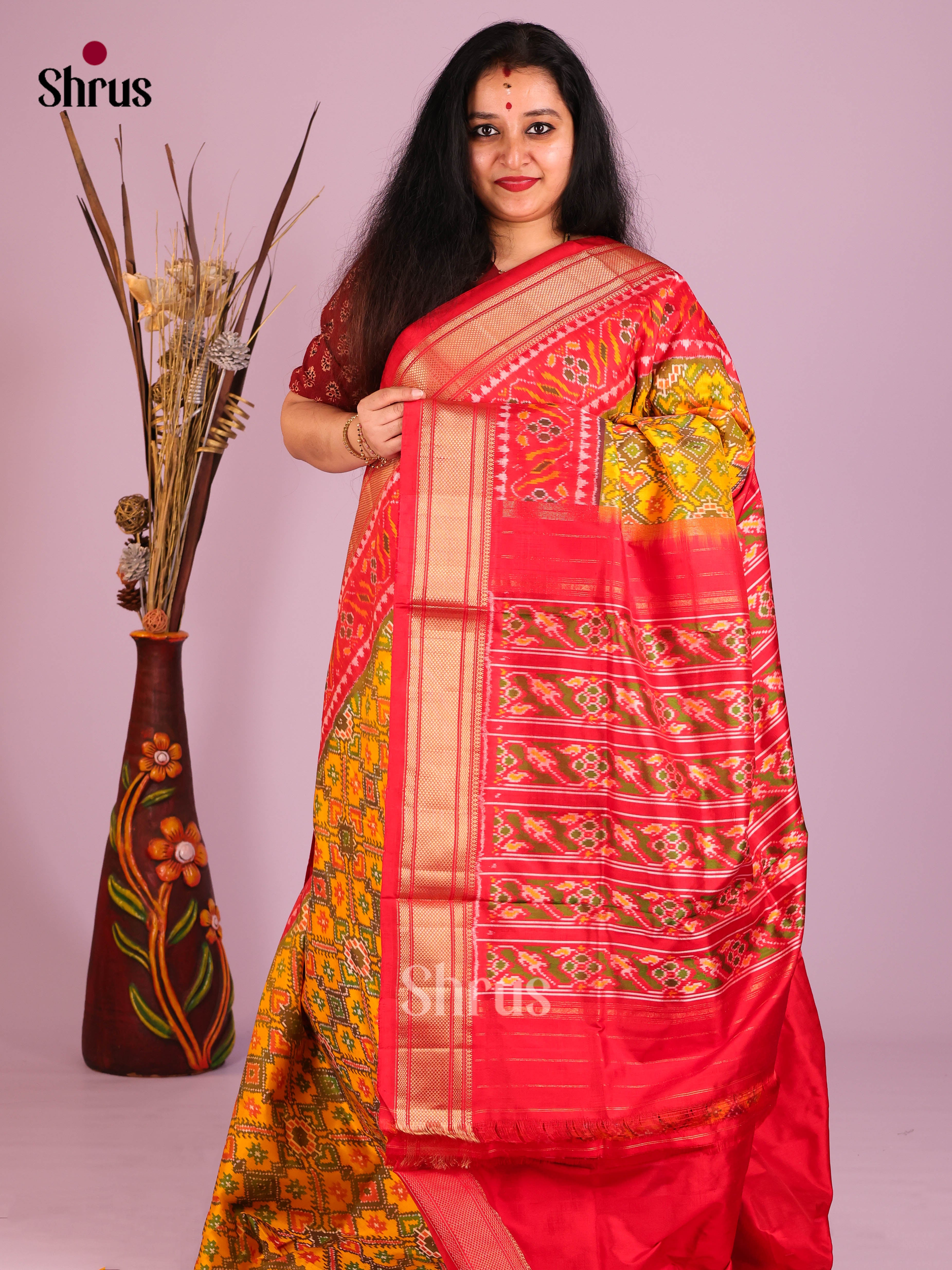 Mustard & Red - Ikkat Silk Saree