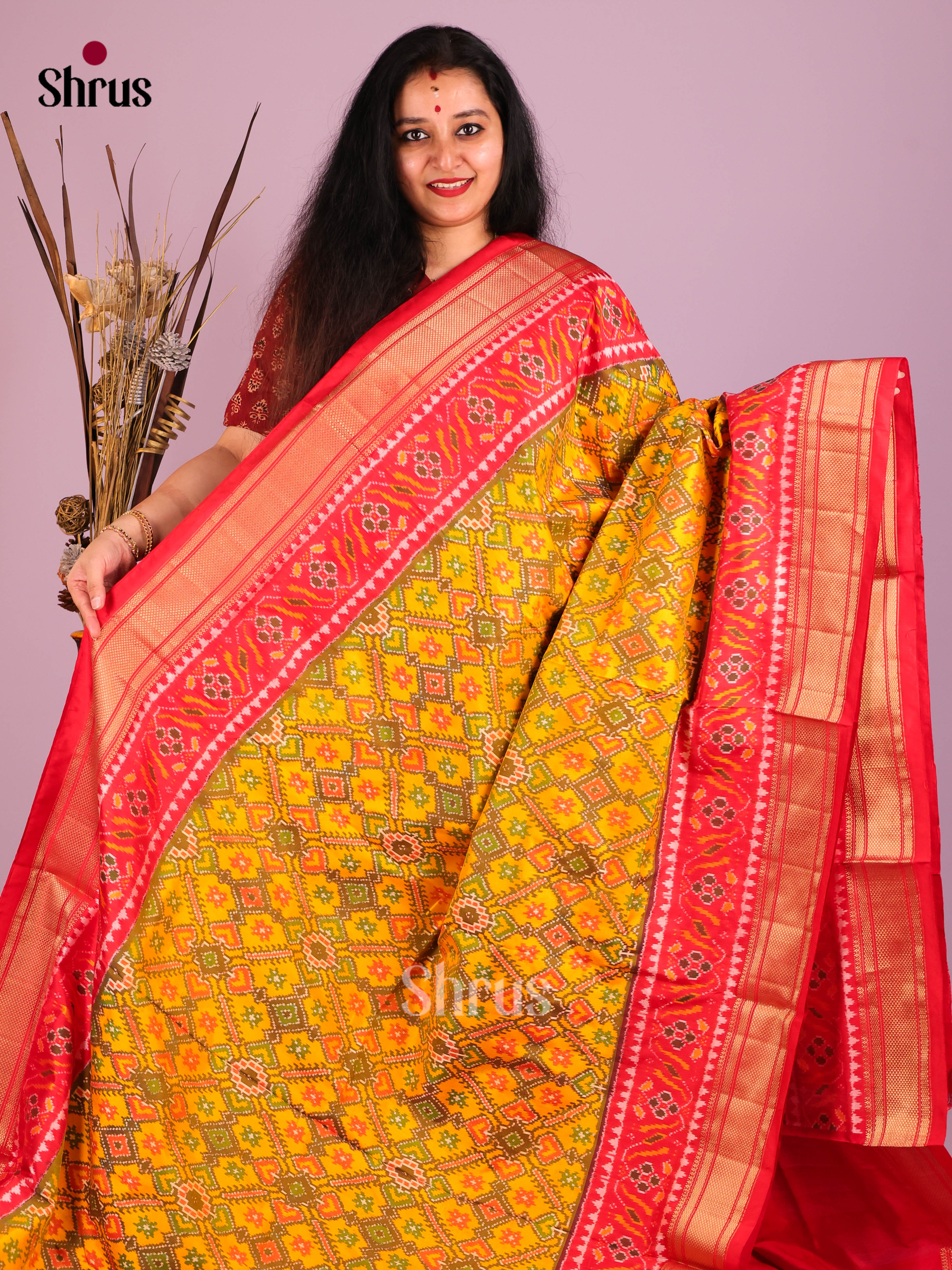 Mustard & Red - Ikkat Silk Saree