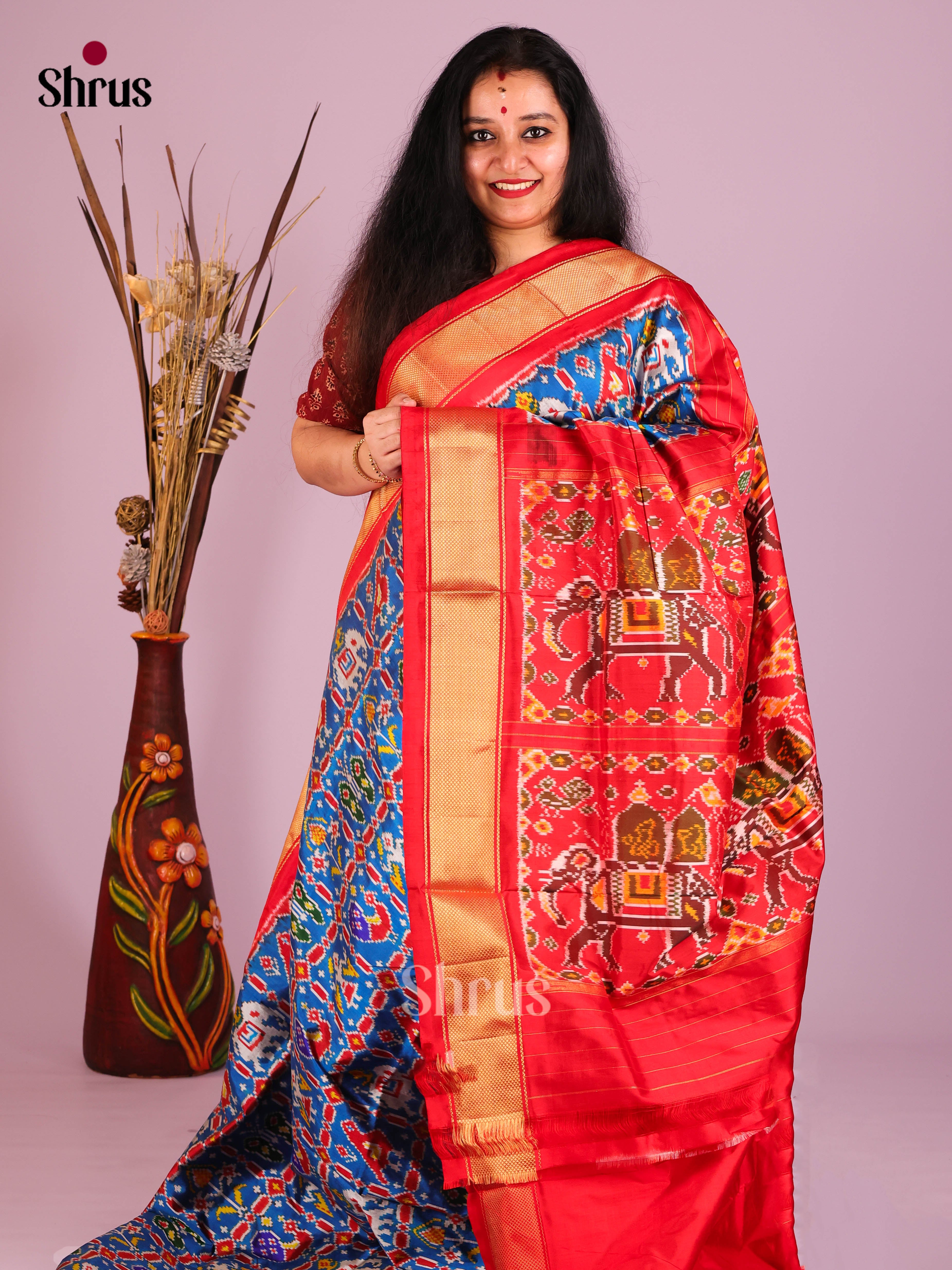 Blue & Red - Ikkat Silk Saree