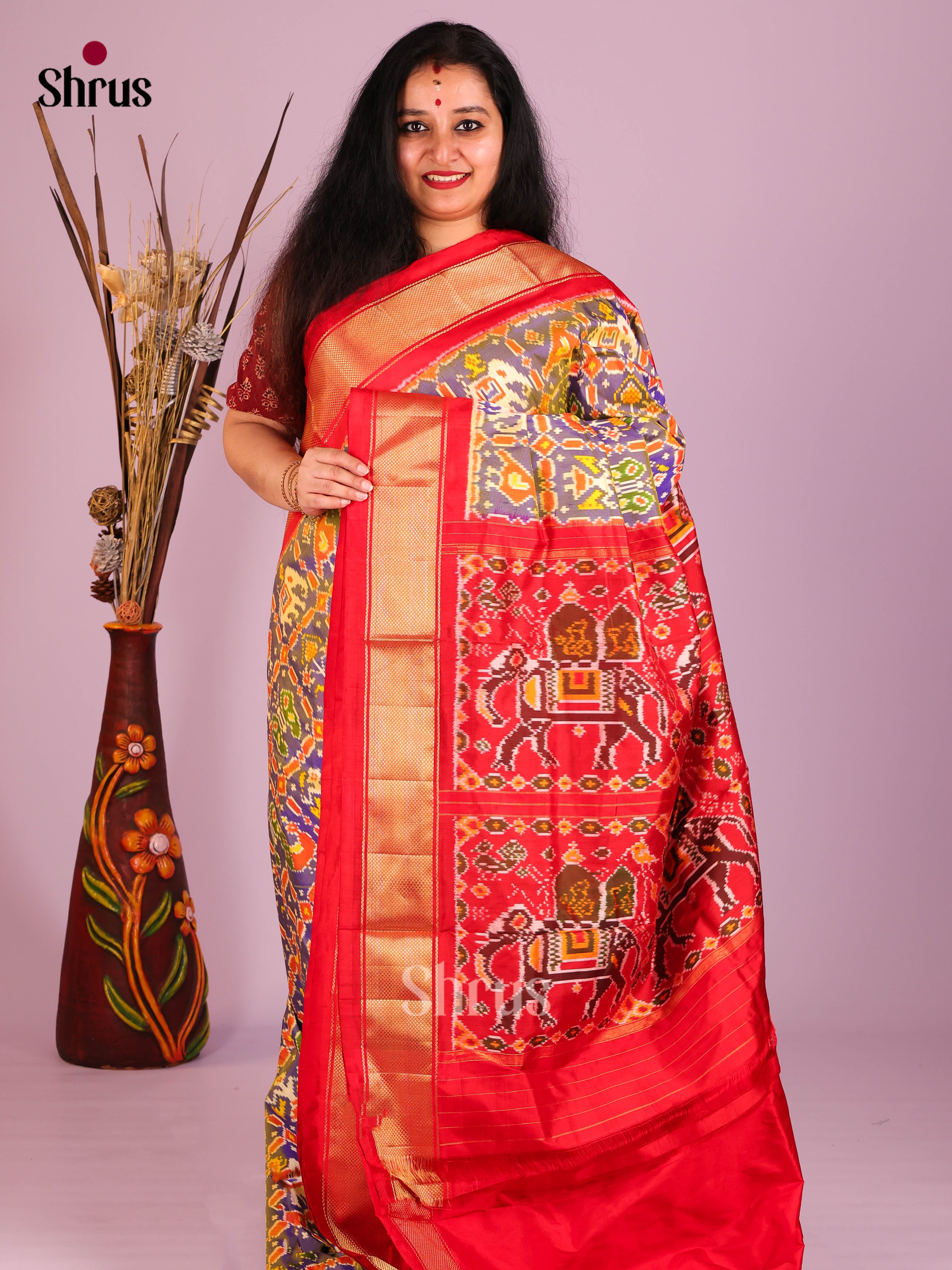 Lavender & Red - Ikkat Silk Saree