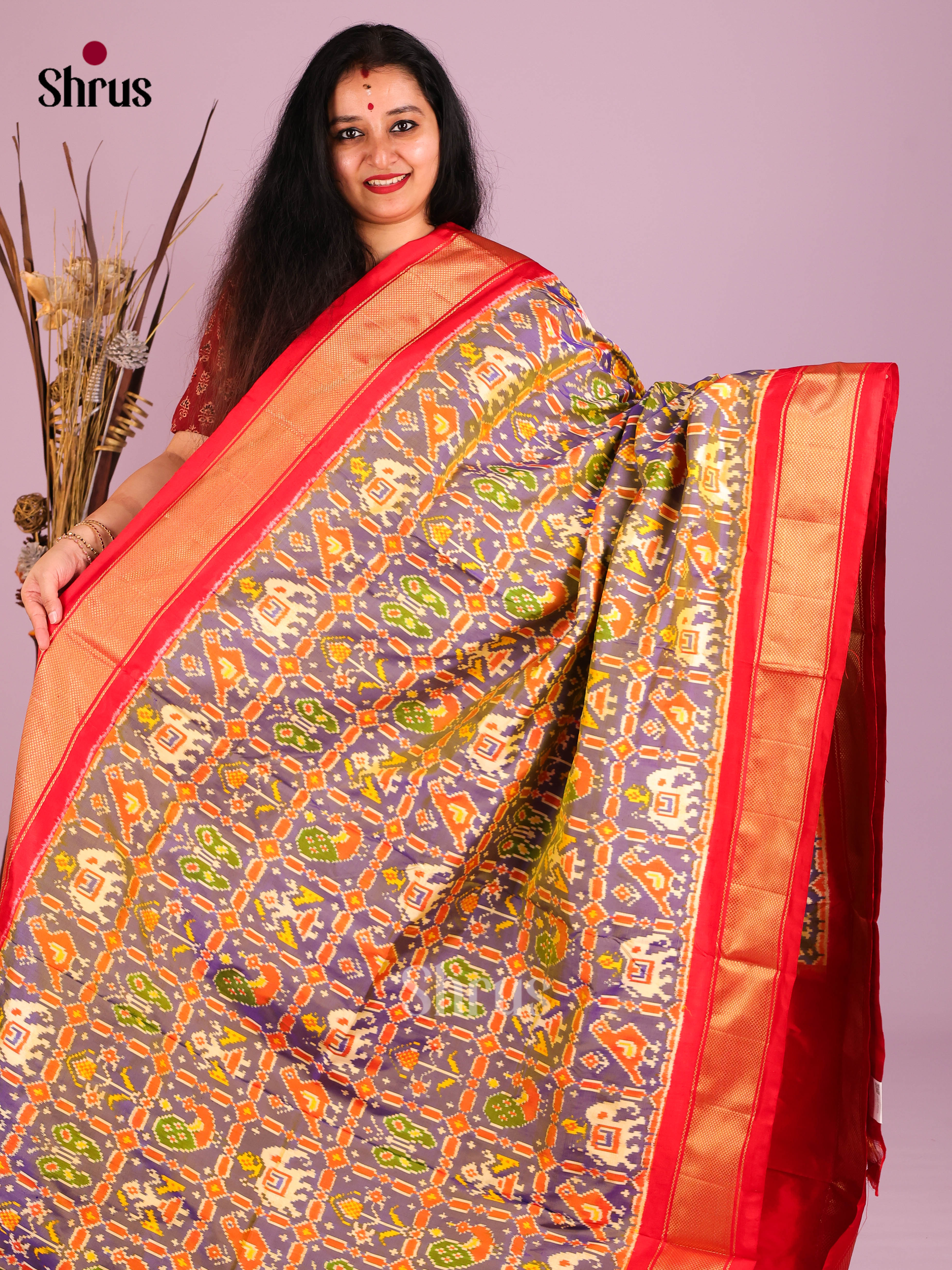 Lavender & Red - Ikkat Silk Saree