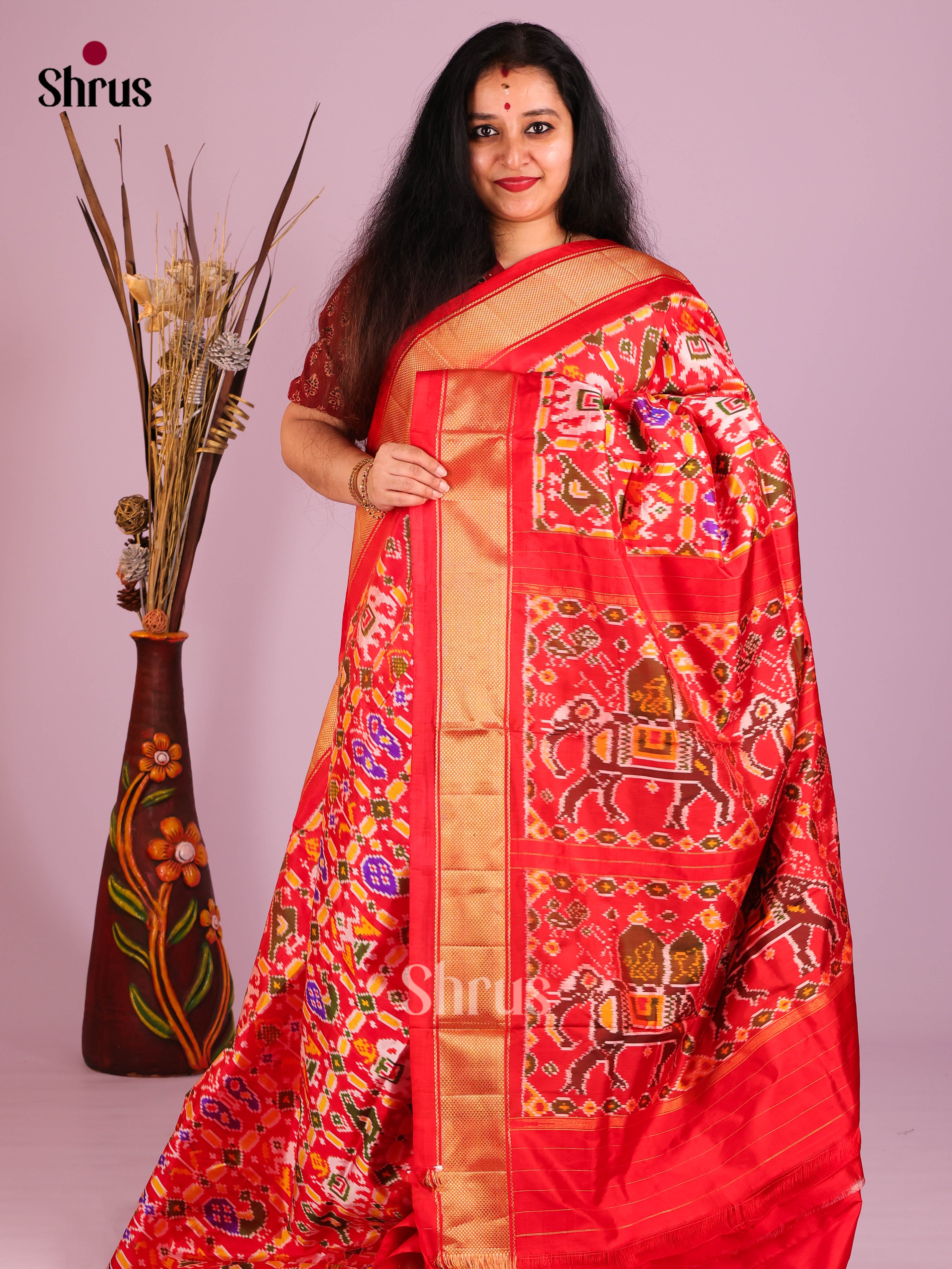 Red(single Tone)- Ikkat Silk Saree