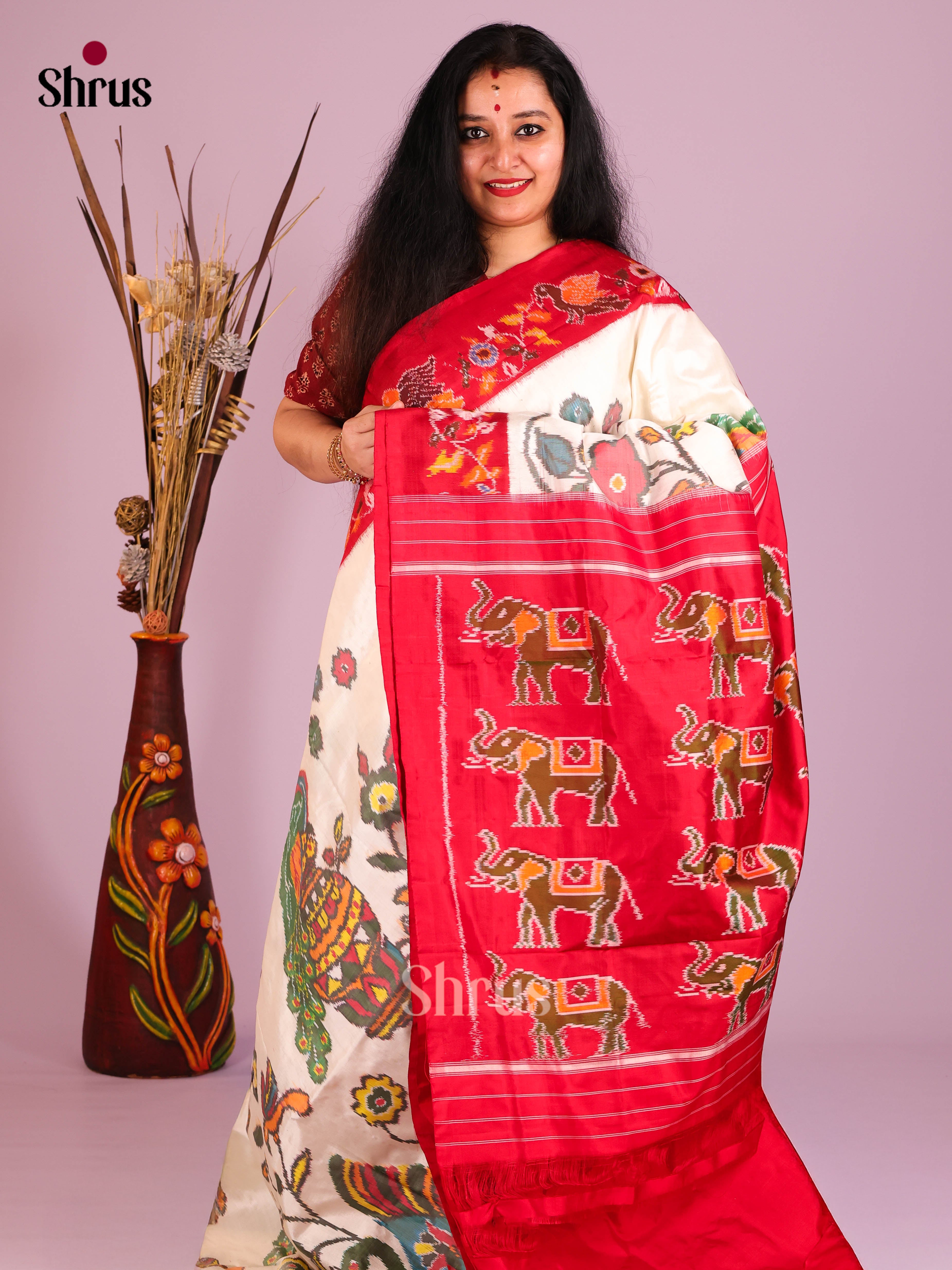 Cream & Red - Ikkat Silk Saree