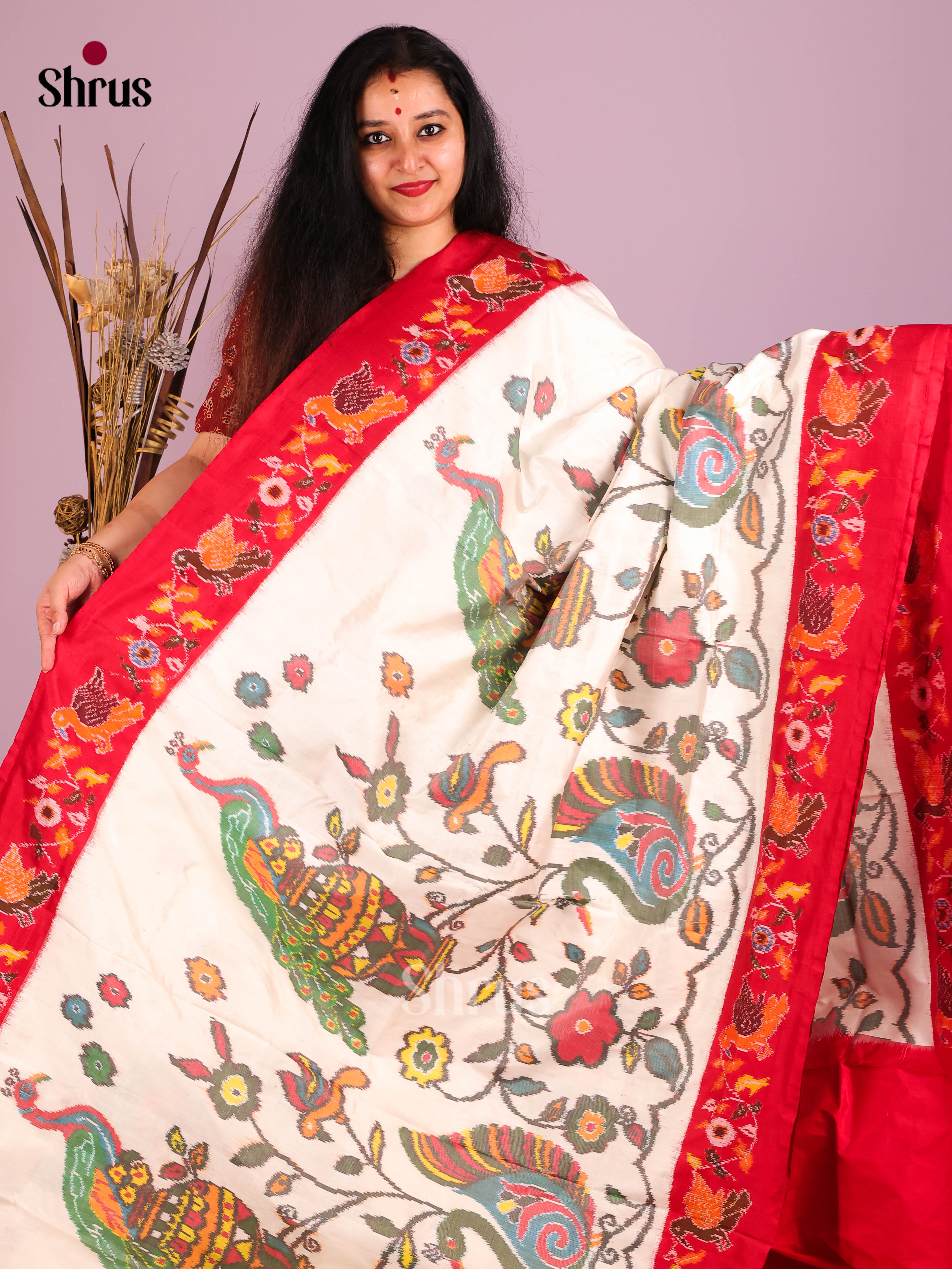 Cream & Red - Ikkat Silk Saree