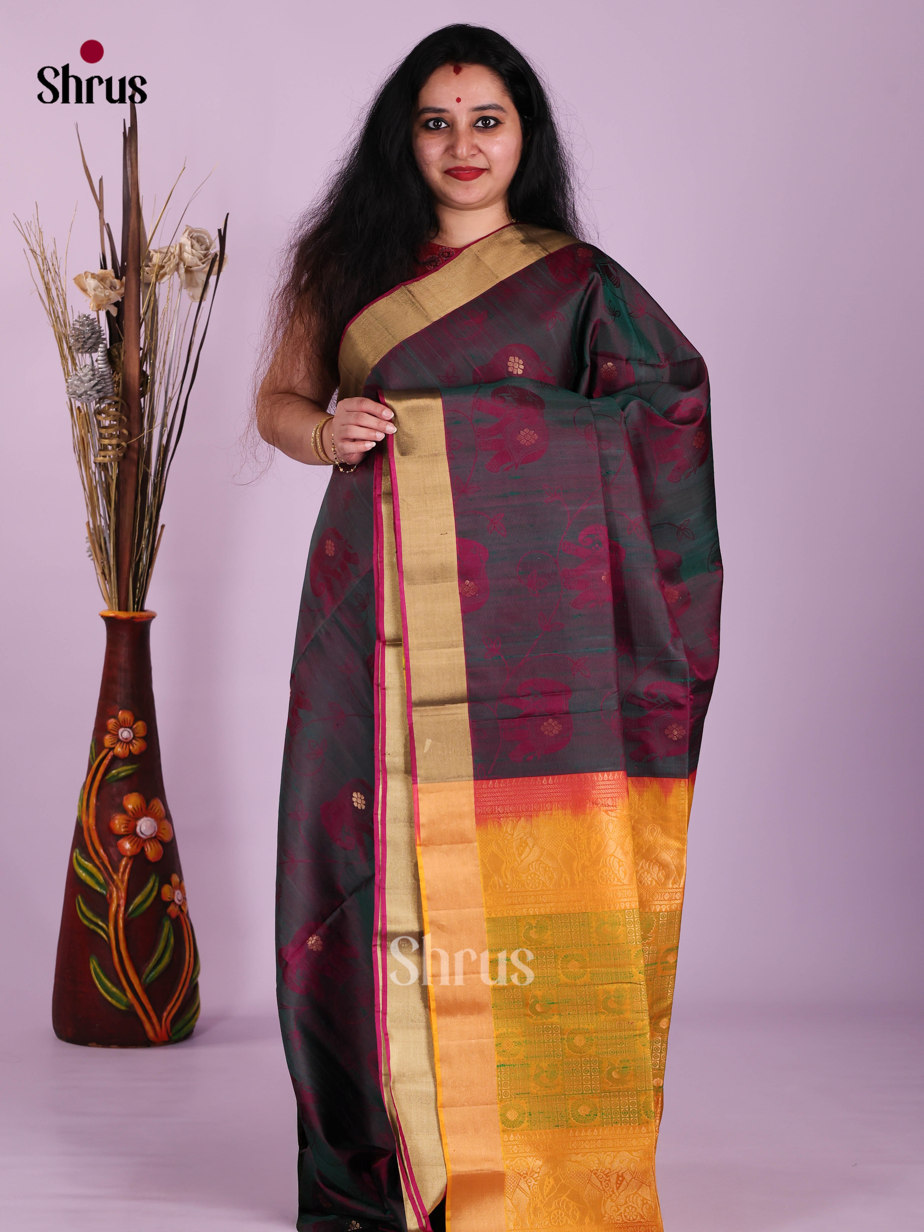 Serene Deep Green Soft Silk Saree With Maroon Elephant Motifs & Yellow PAllu