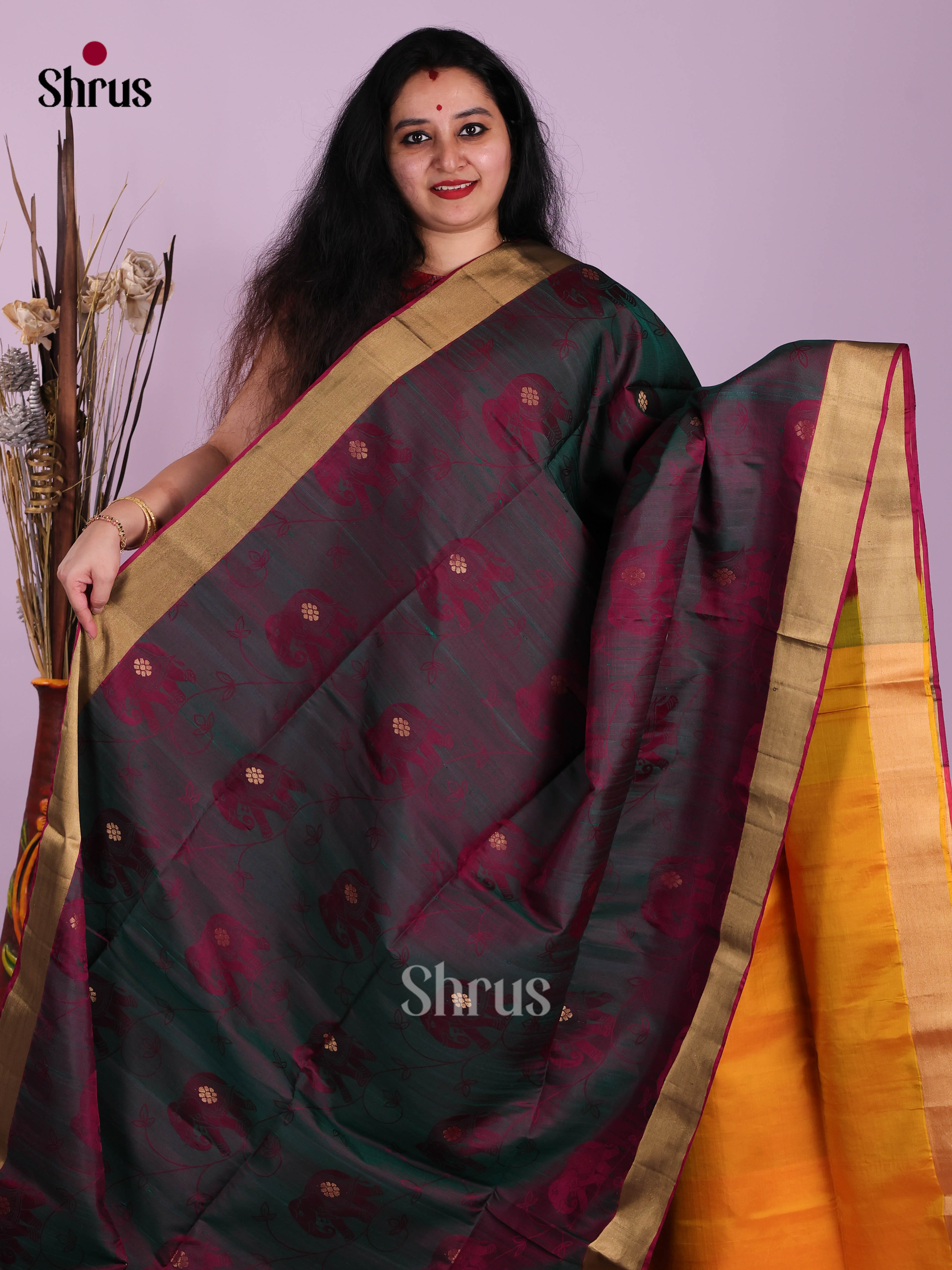 Serene Deep Green Soft Silk Saree With Maroon Elephant Motifs & Yellow PAllu