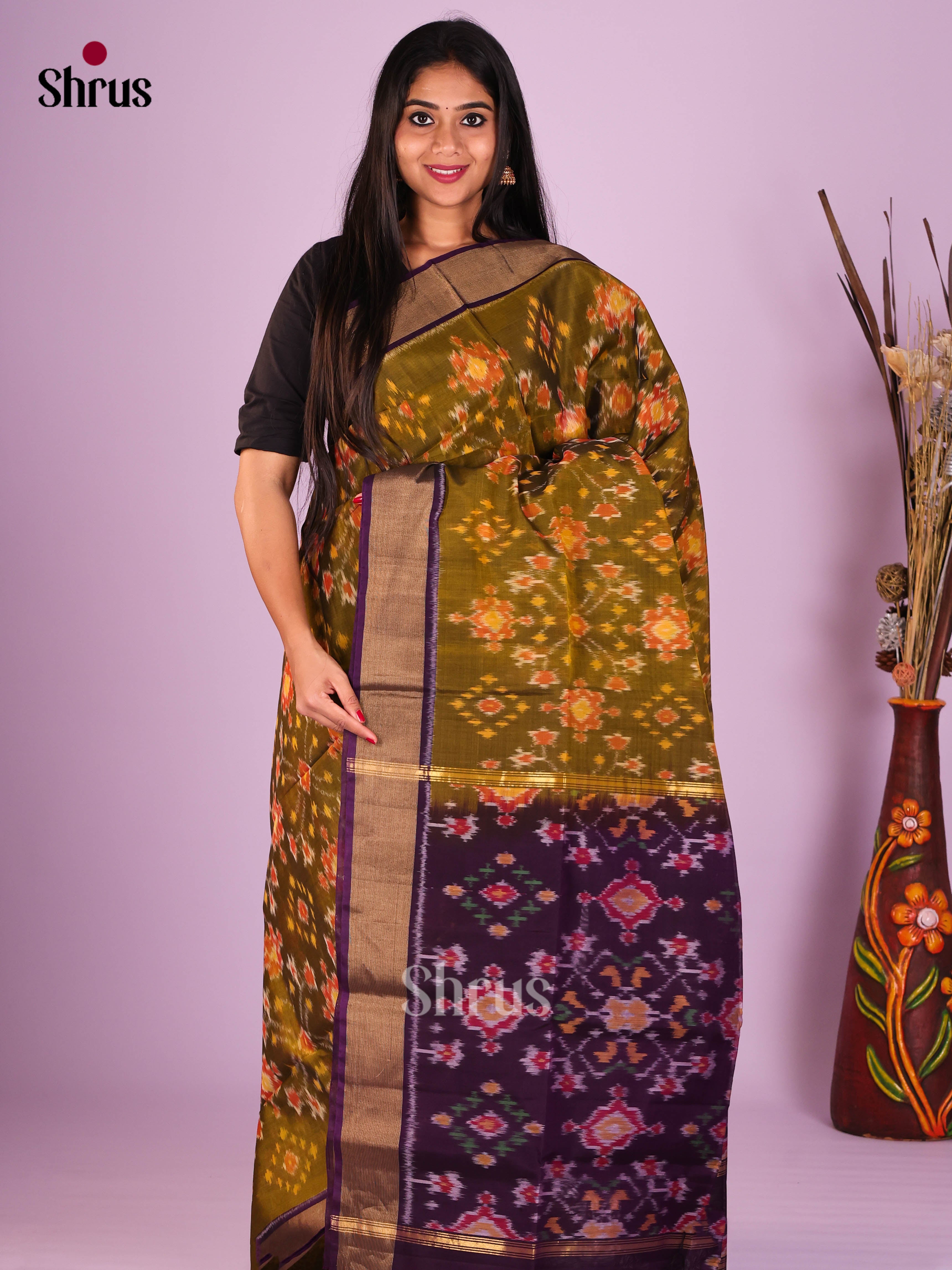 Mehandi Green & Violet - Pochampally sico Saree - Shop on Shrus.com