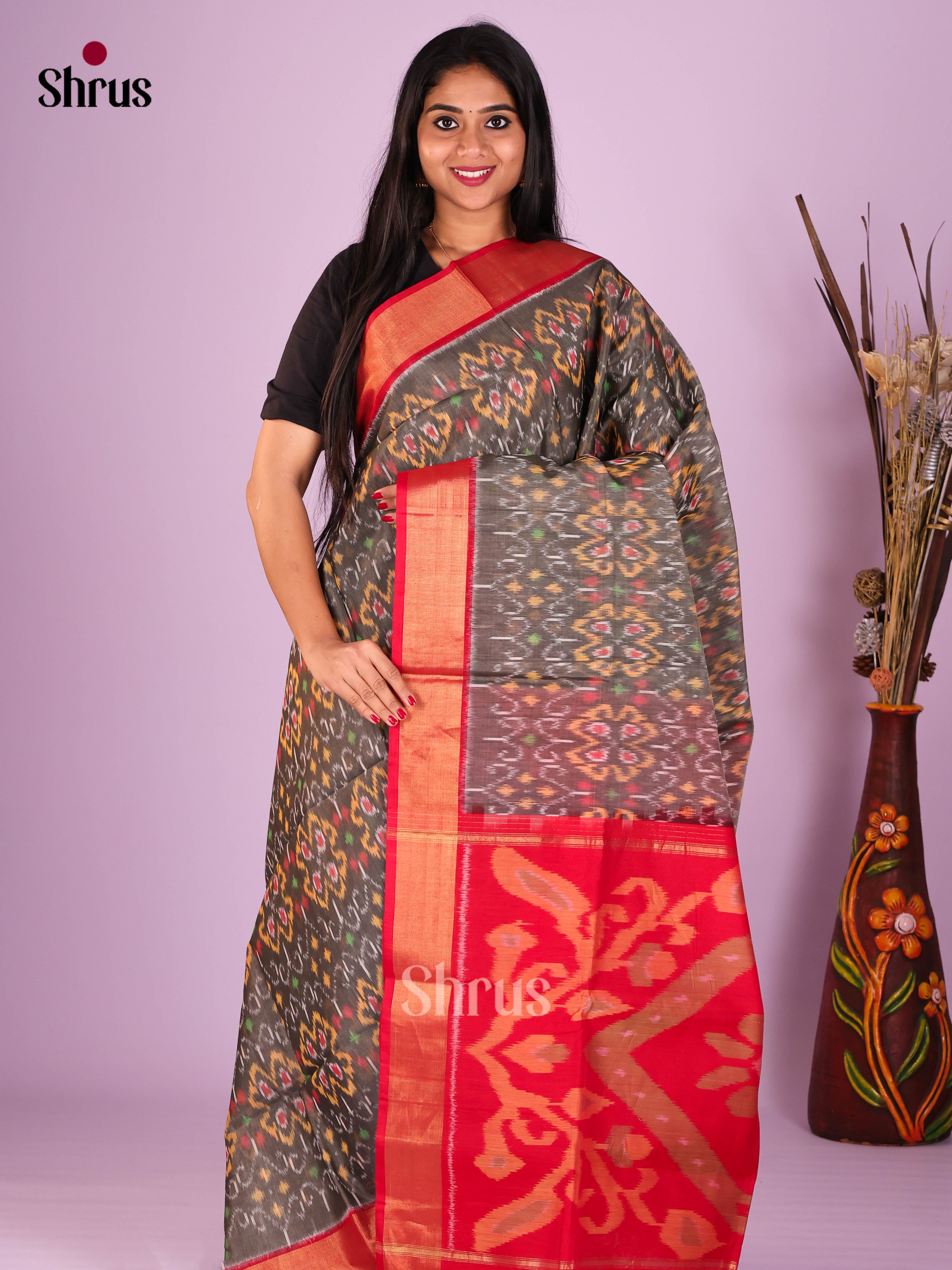 Grey & Red - Pochampally sico Saree - Shop on Shrus.com