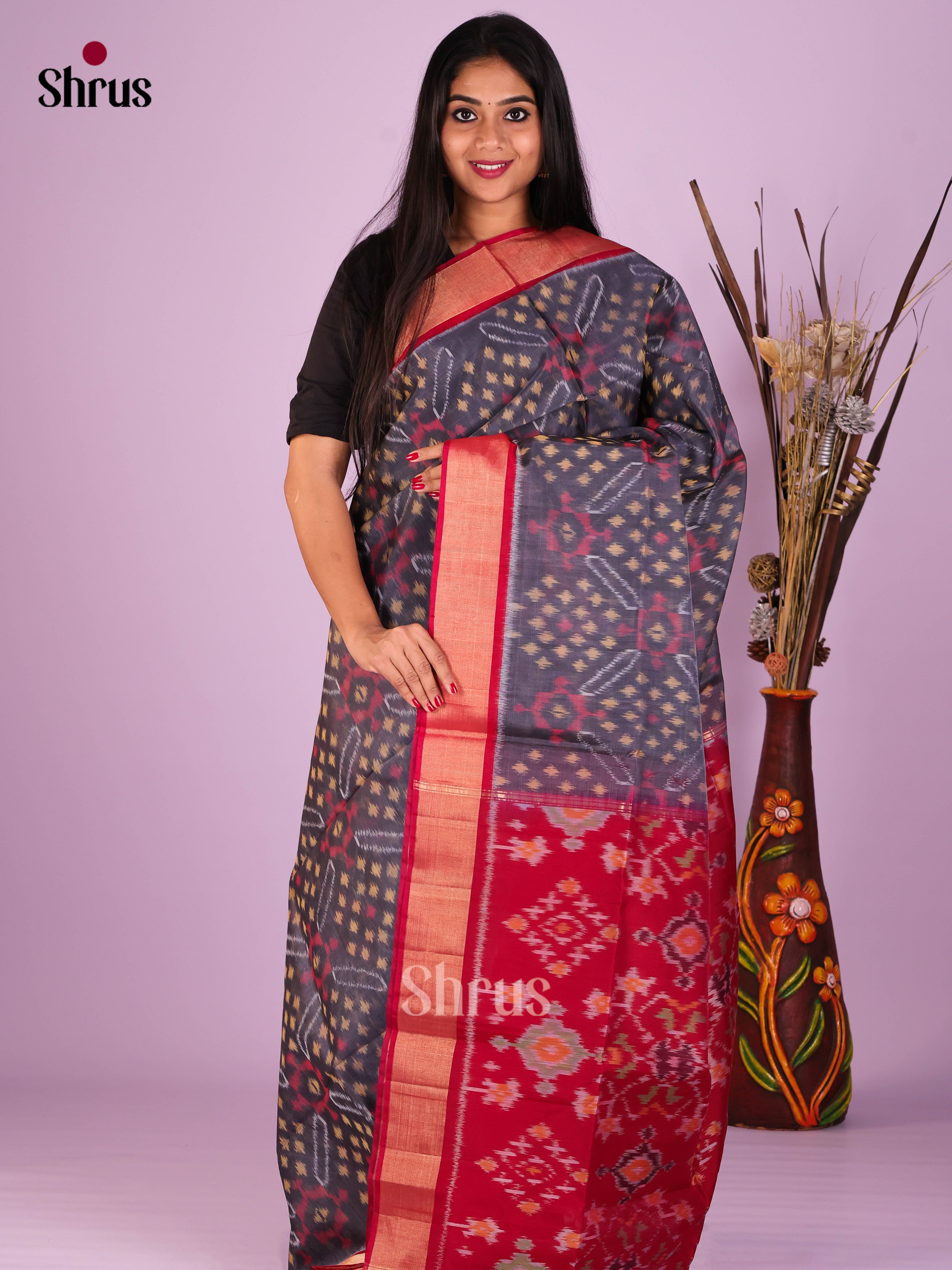 Grey & Red - Pochampally sico Saree