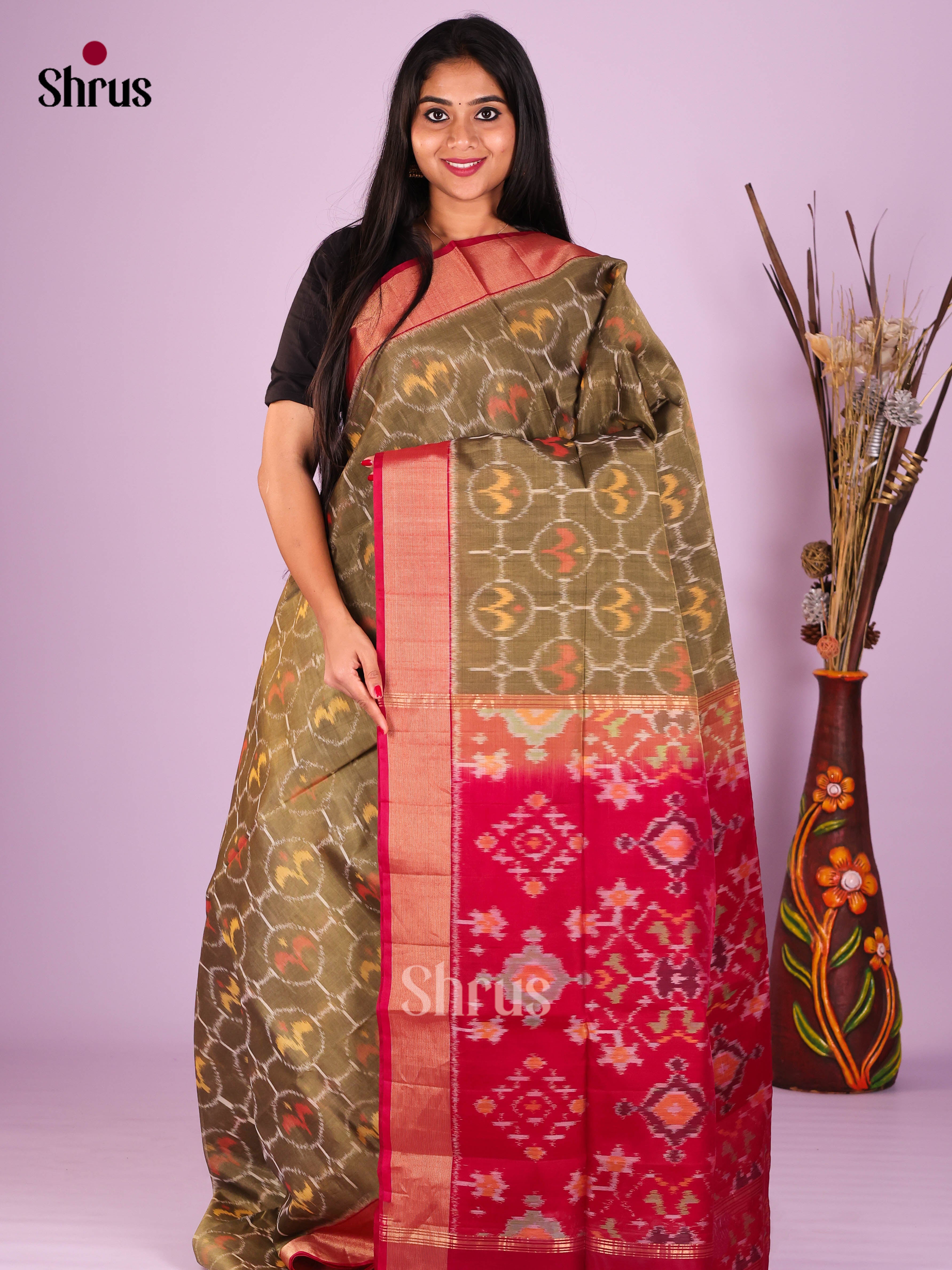 Grey & Red- Pochampally sico Saree