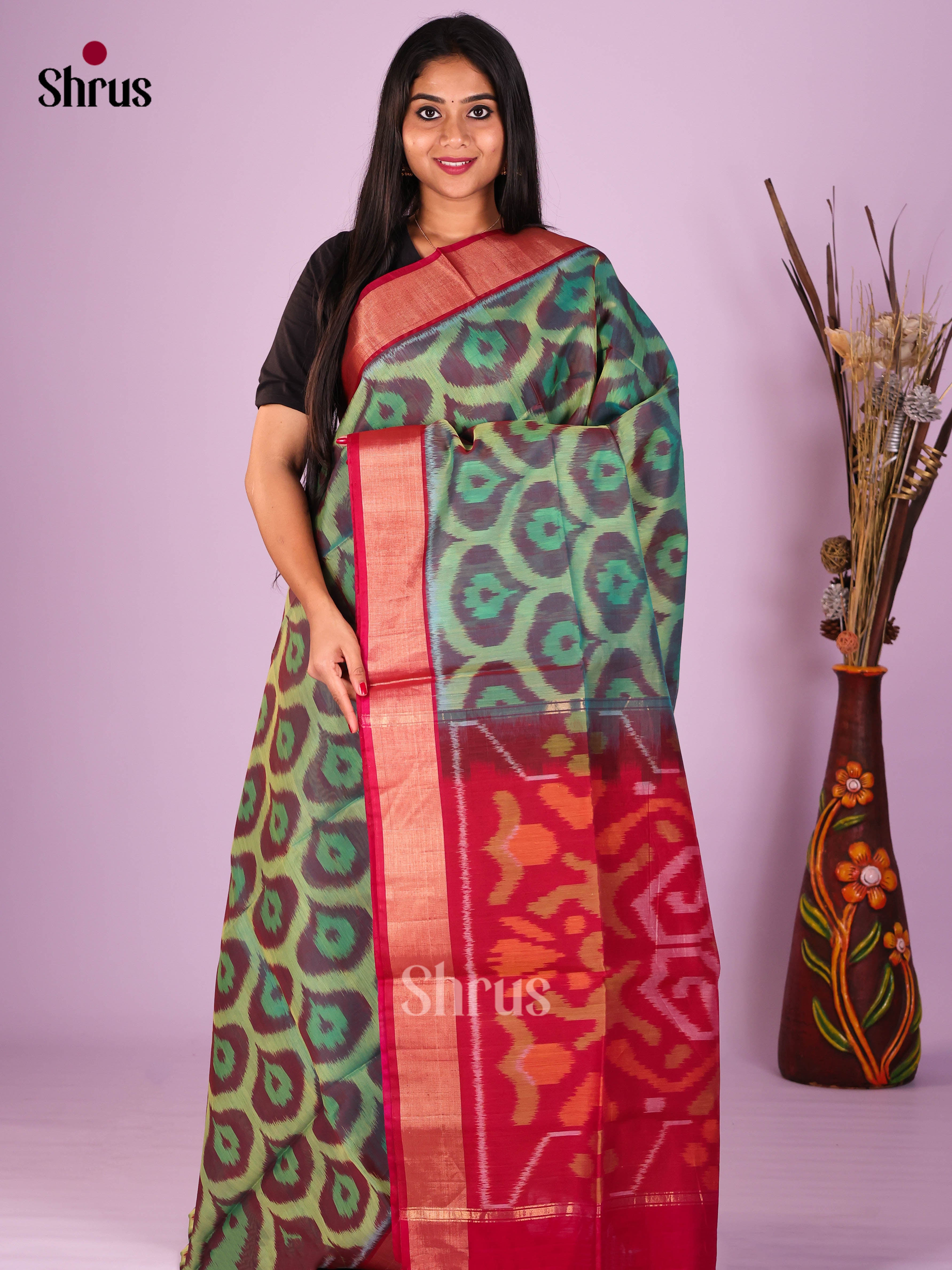 Green & Red - Pochampally sico Saree - Shop on Shrus.com