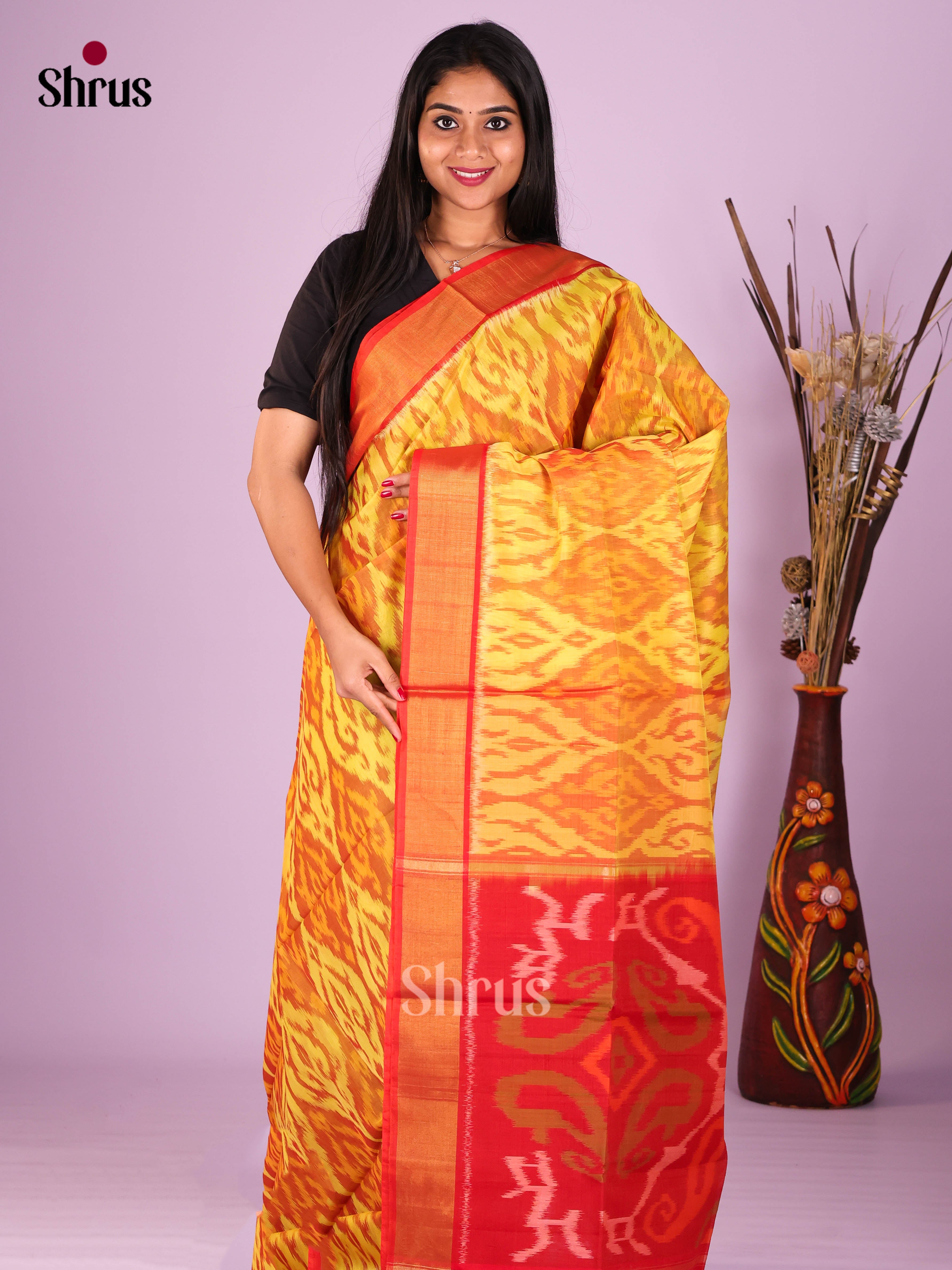 Mustard & Red - Pochampally sico Saree - Shop on Shrus.com