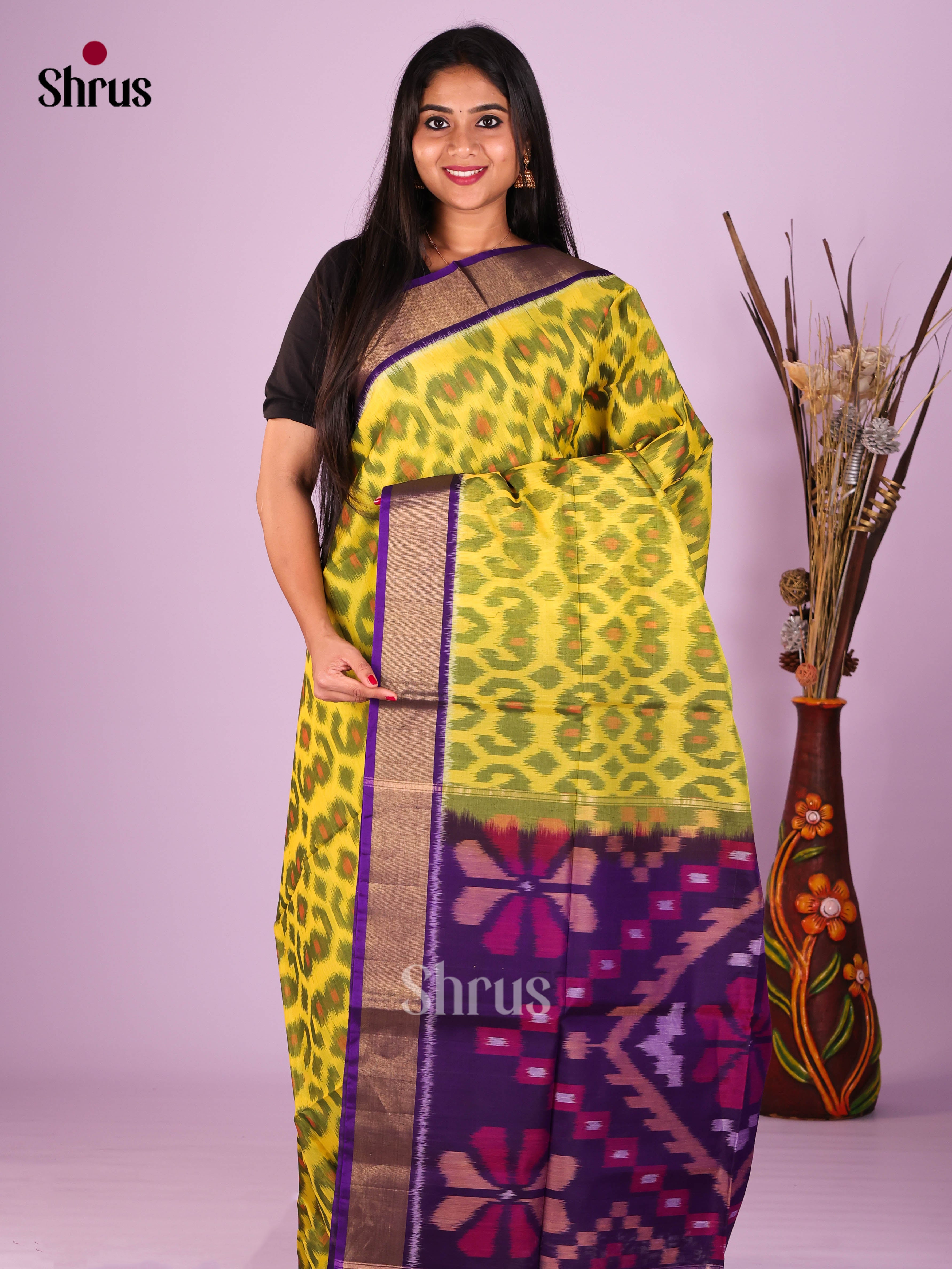 Yellow & Violet - Pochampally sico Saree