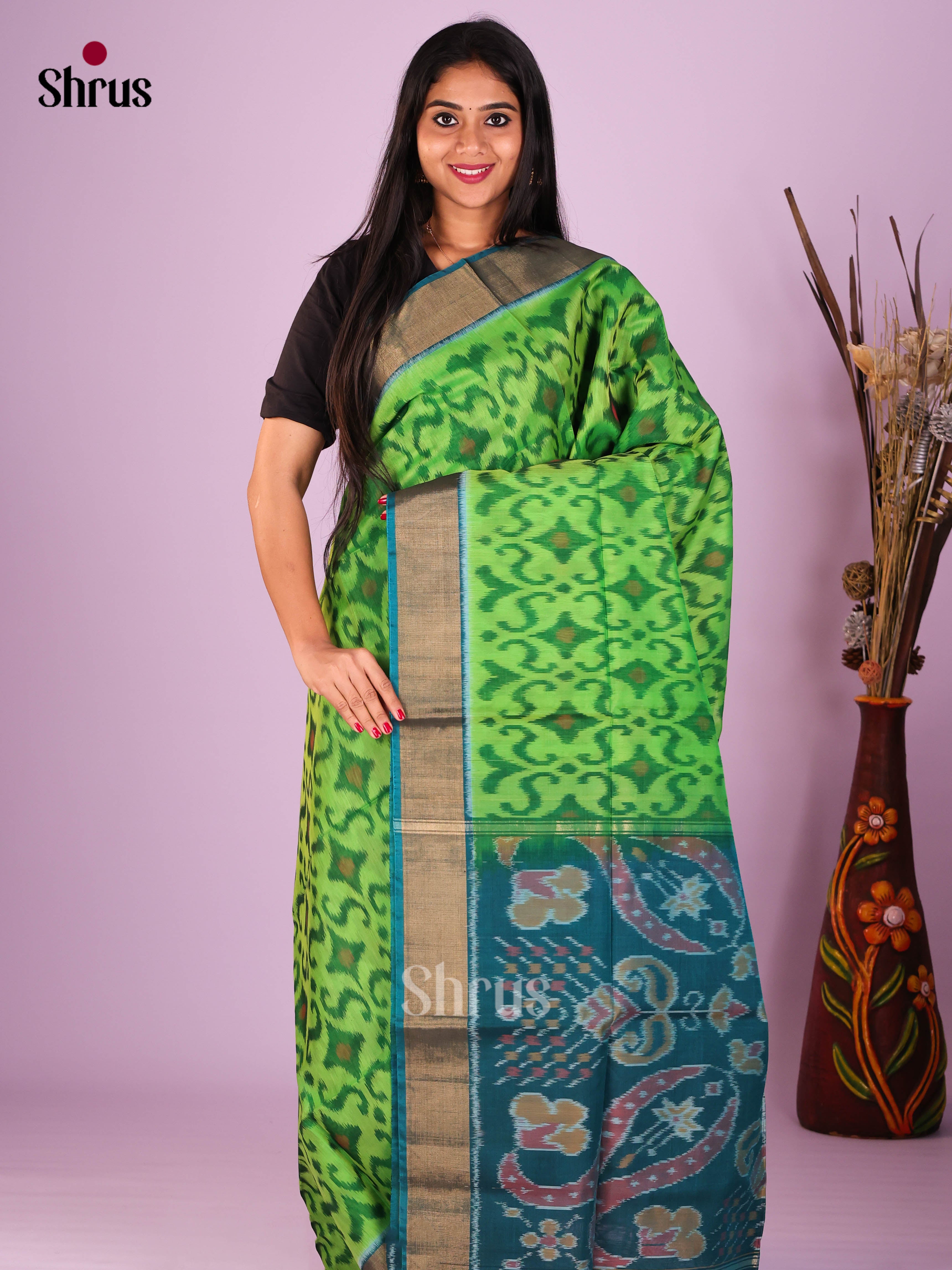 Leaf Green & Blue - Pochampally sico Saree - Shop on Shrus.com