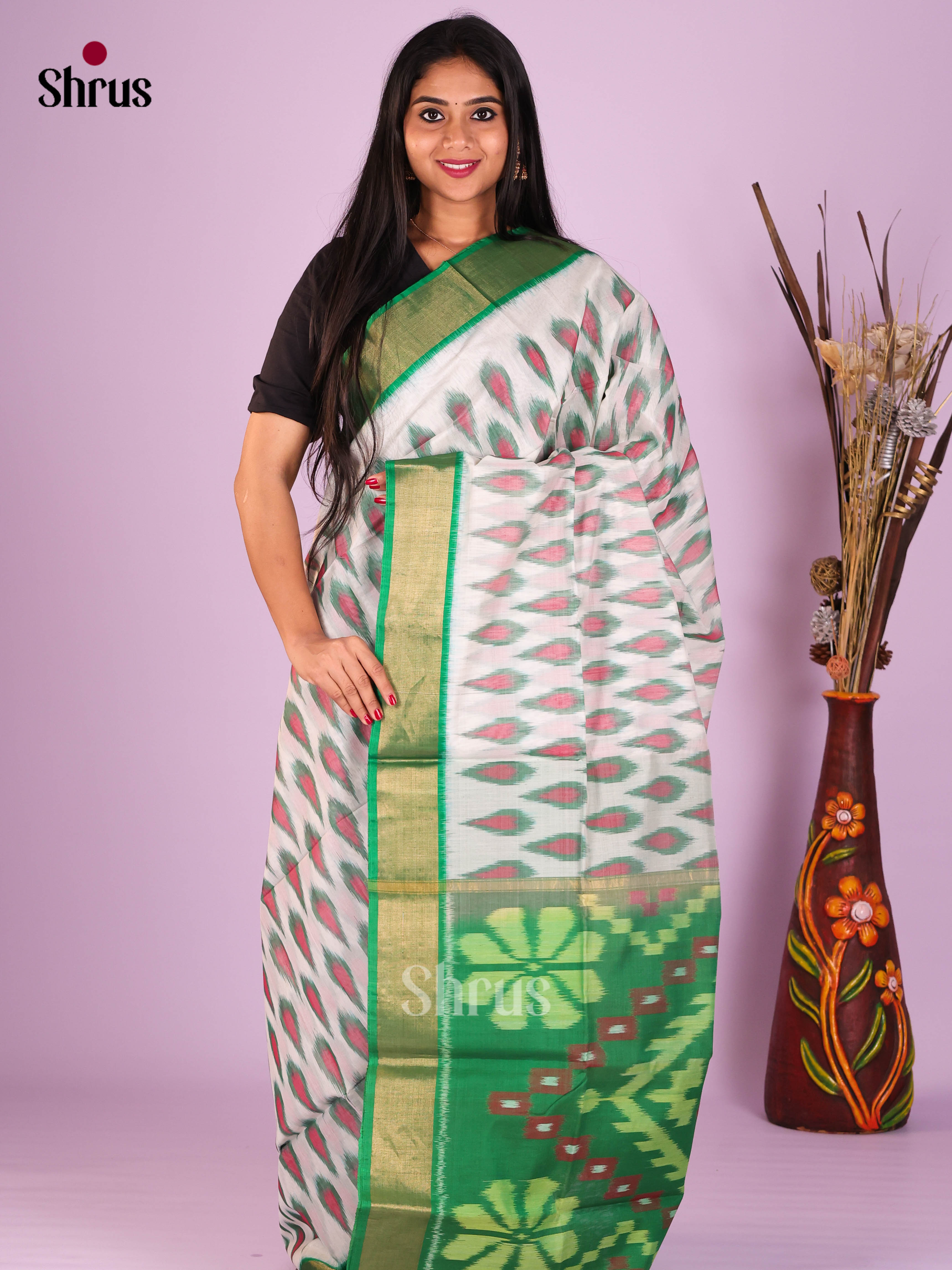 Grey & Light Green - Pochampally sico Saree - Shop on Shrus.com