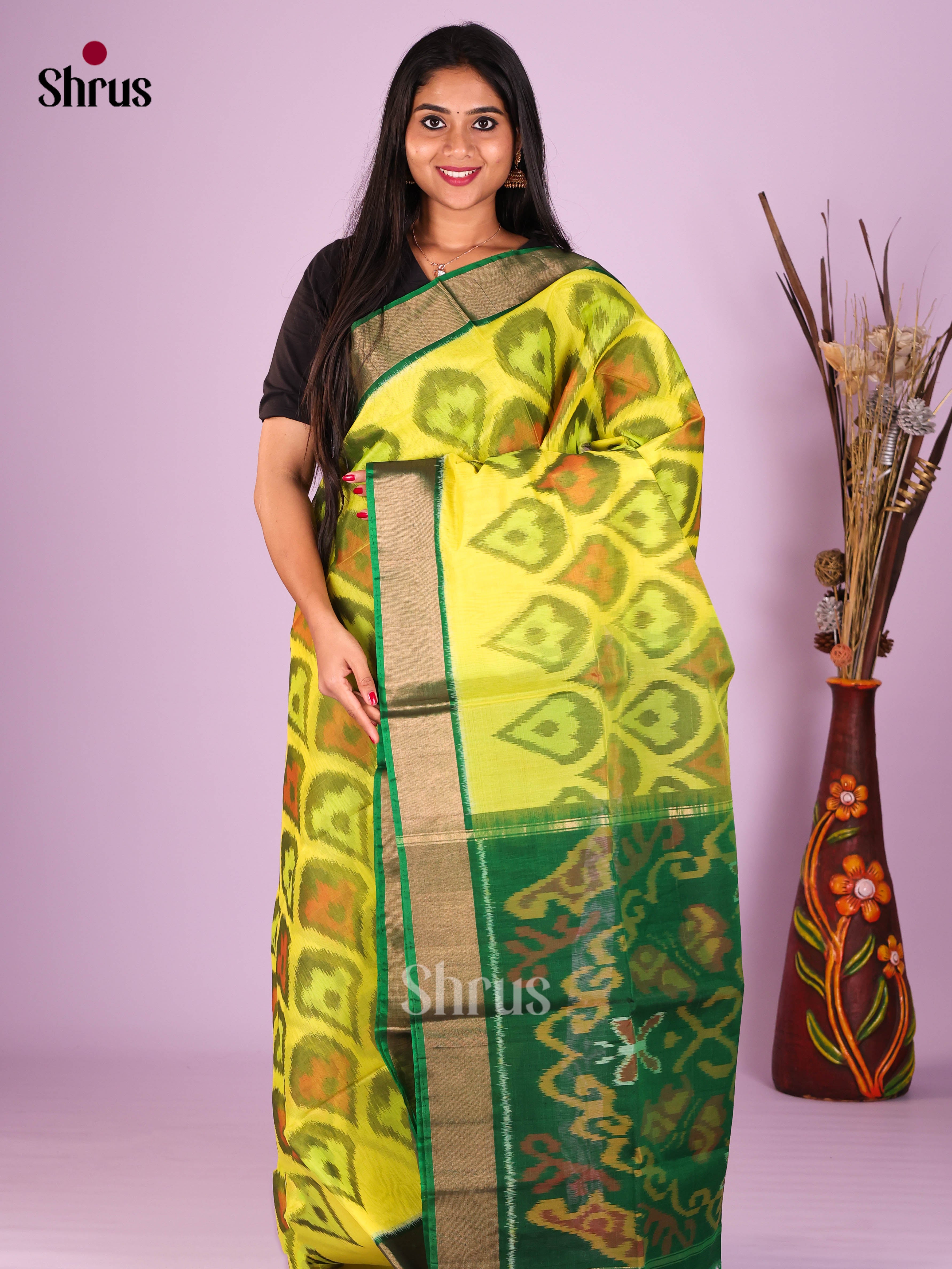 Yellow & Green - Pochampally sico Saree