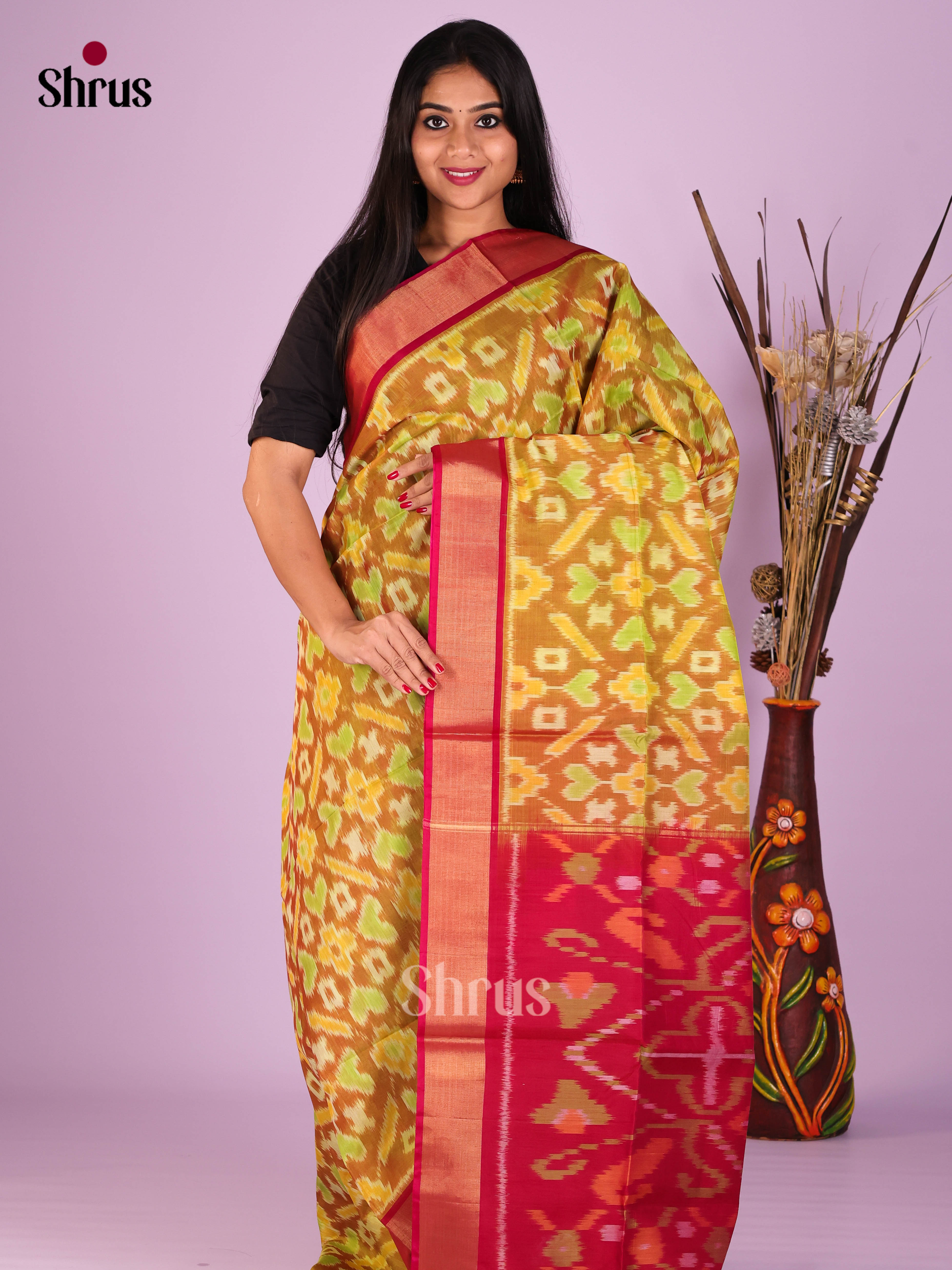 Mustard & Red - Pochampally sico Saree - Shop on Shrus.com