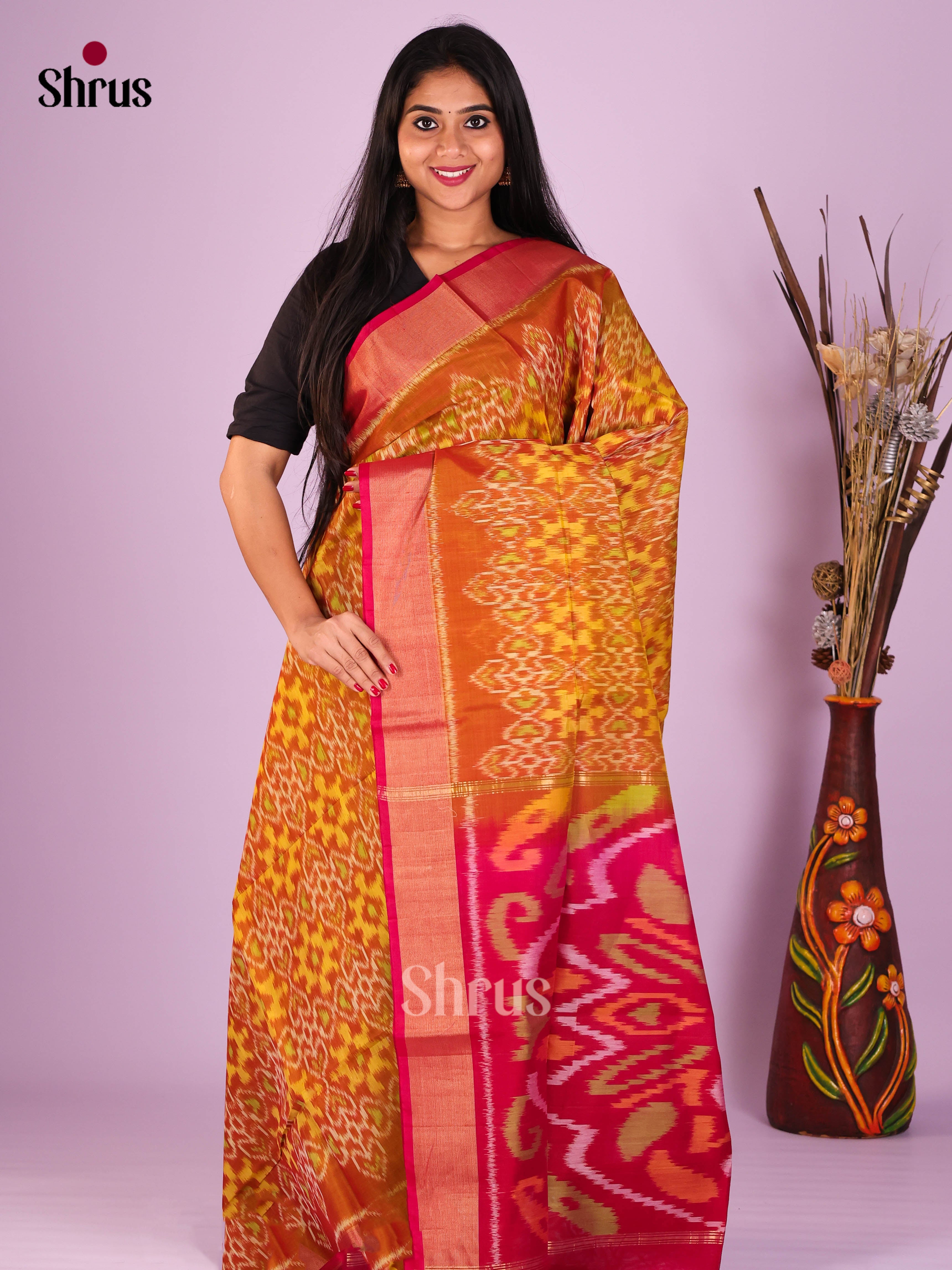 Mustard & Red- Pochampally sico Saree - Shop on Shrus.com