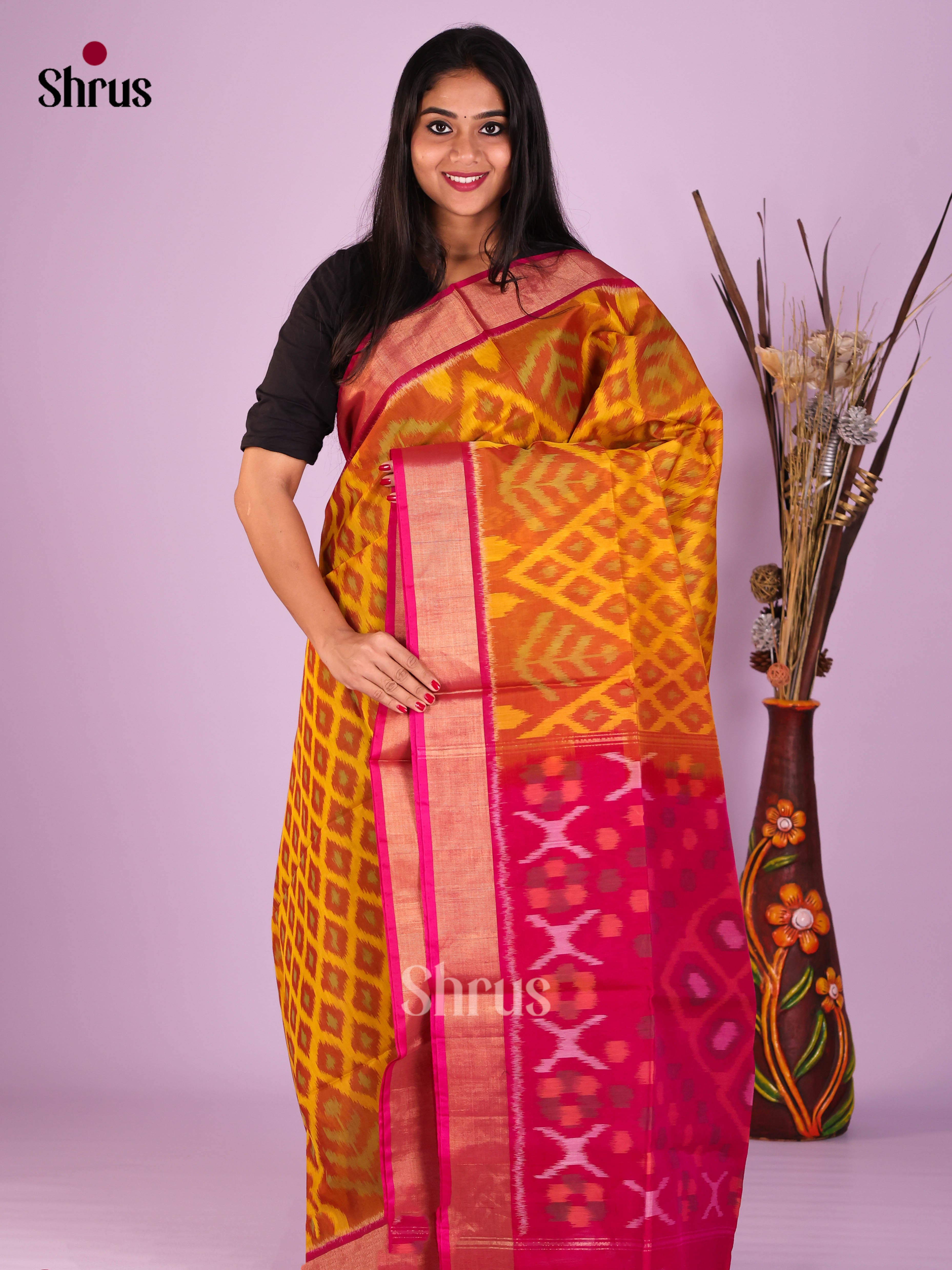 Mustard & Red - Pochampally sico Saree - Shop on Shrus.com