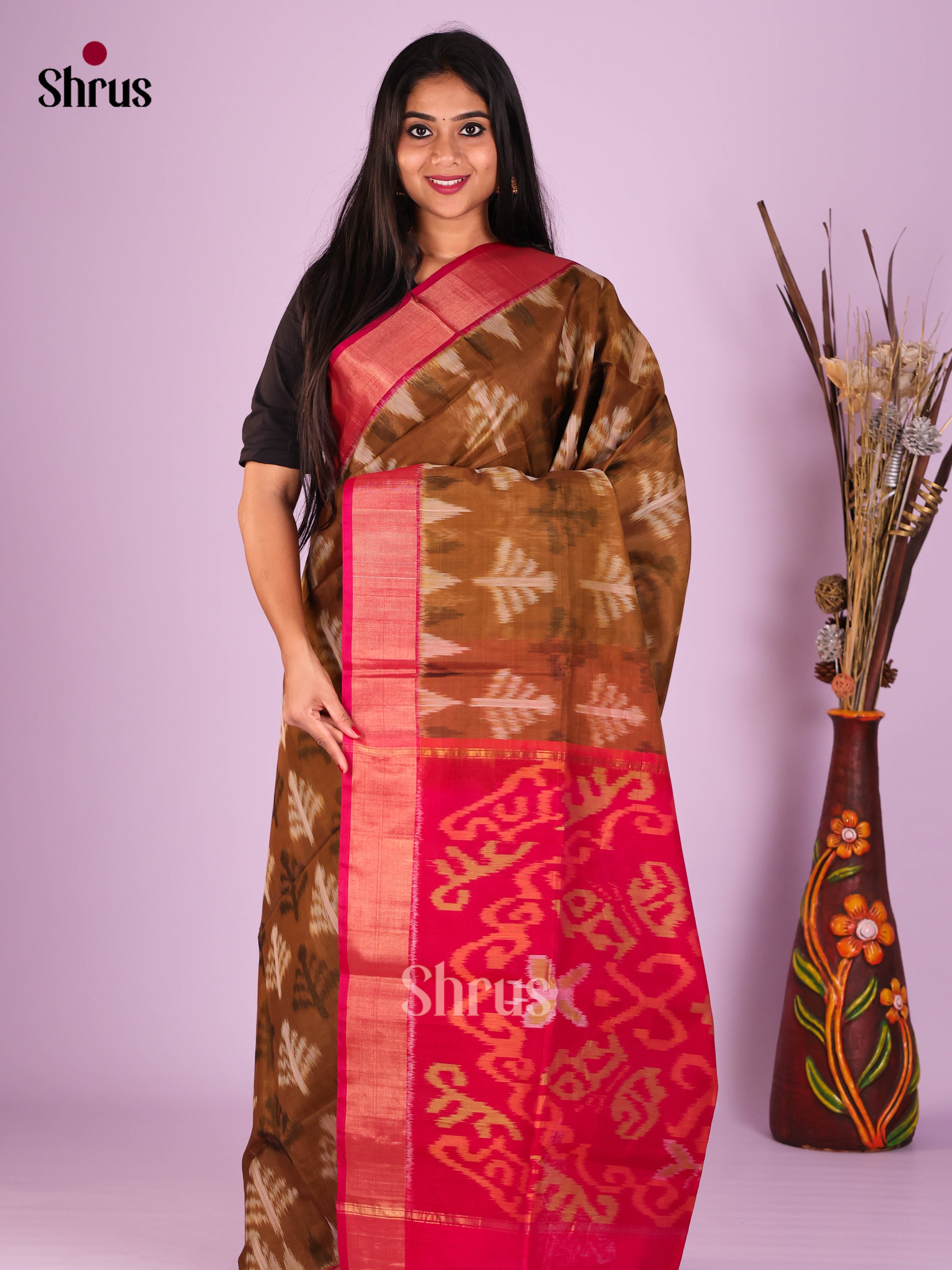 Dark Mustard & Pink - Pochampally sico Saree