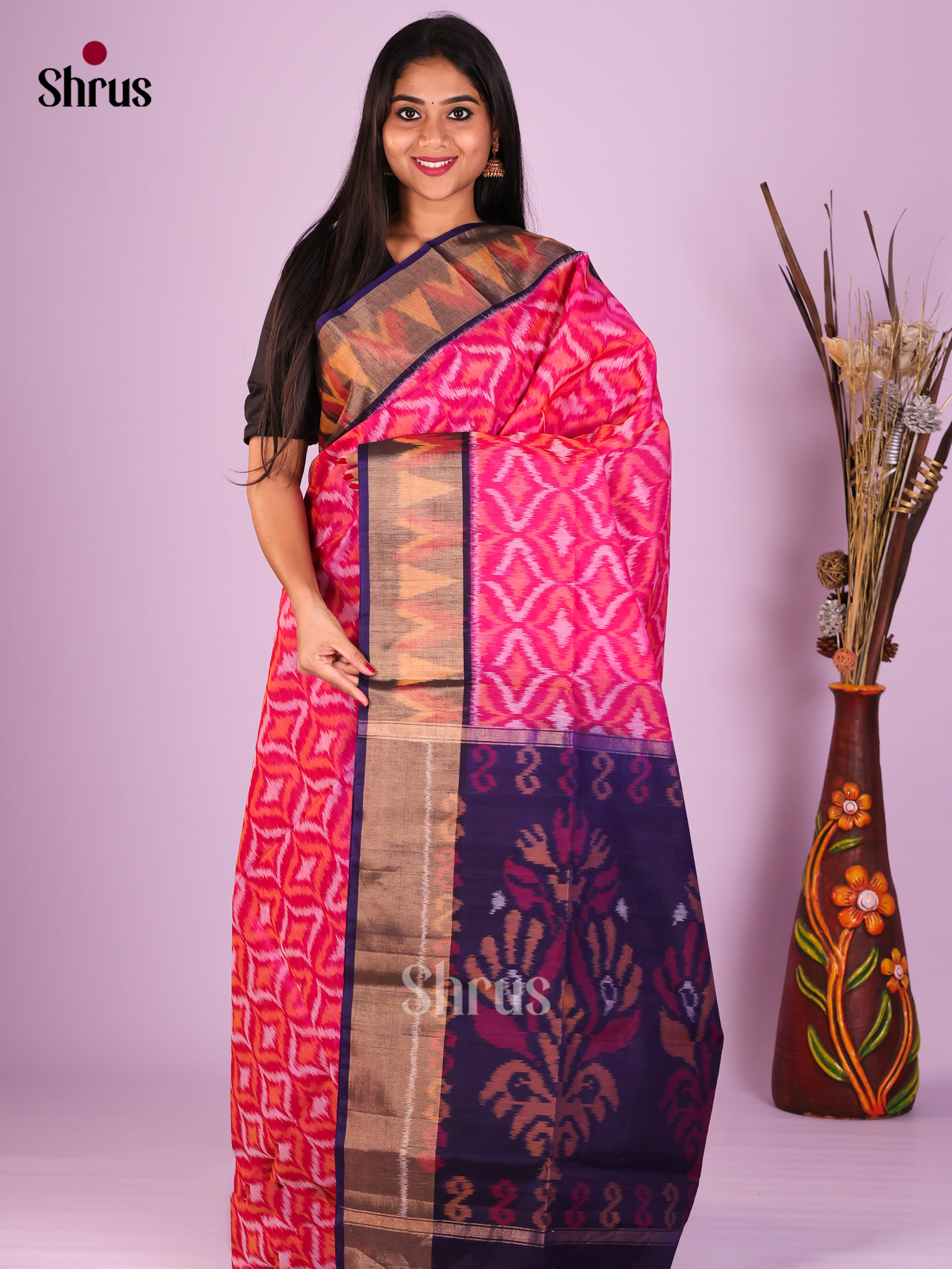 Pink & Blue - Pochampally sico Saree
