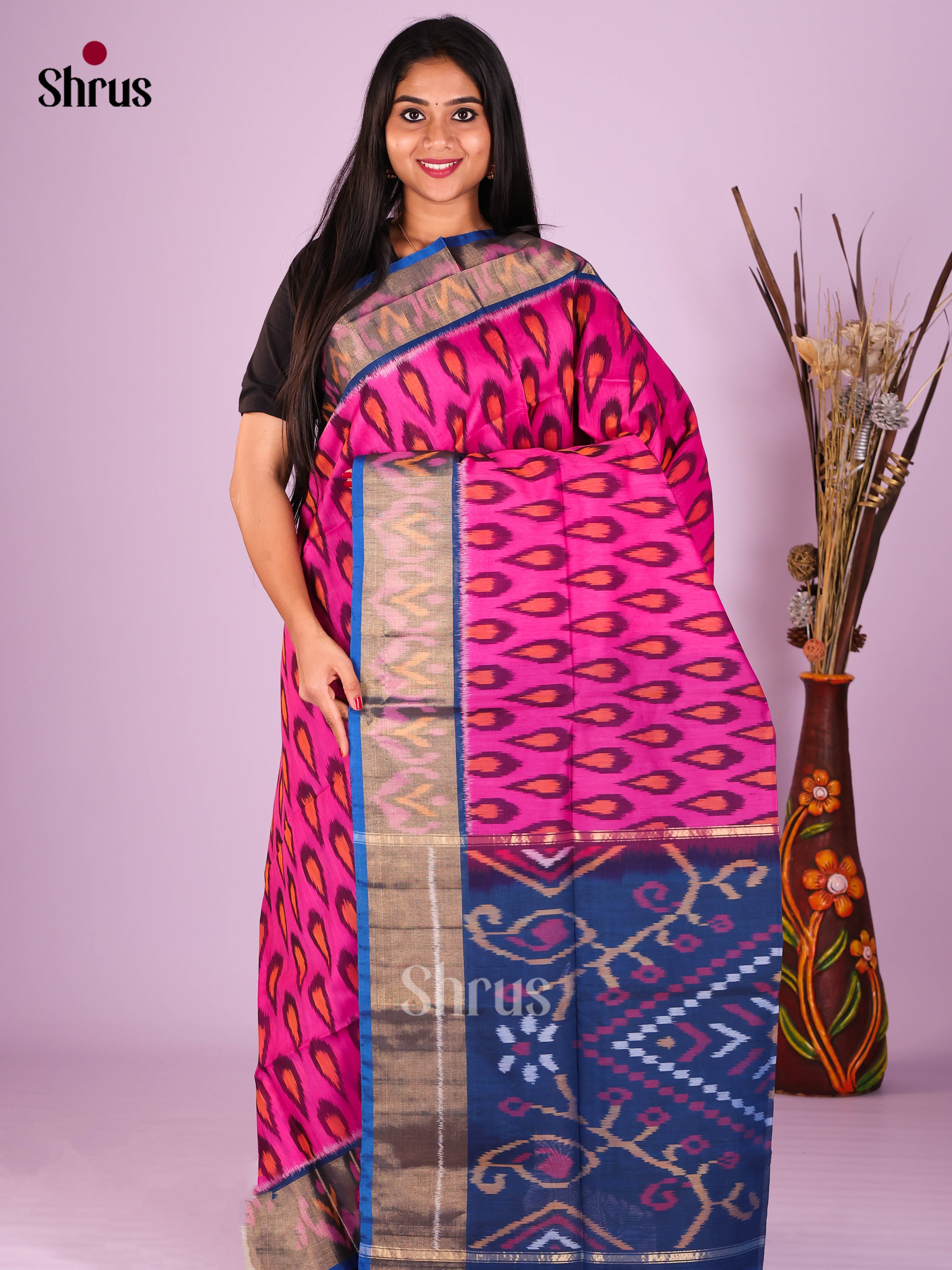 Pink & Blue - Pochampally sico Saree