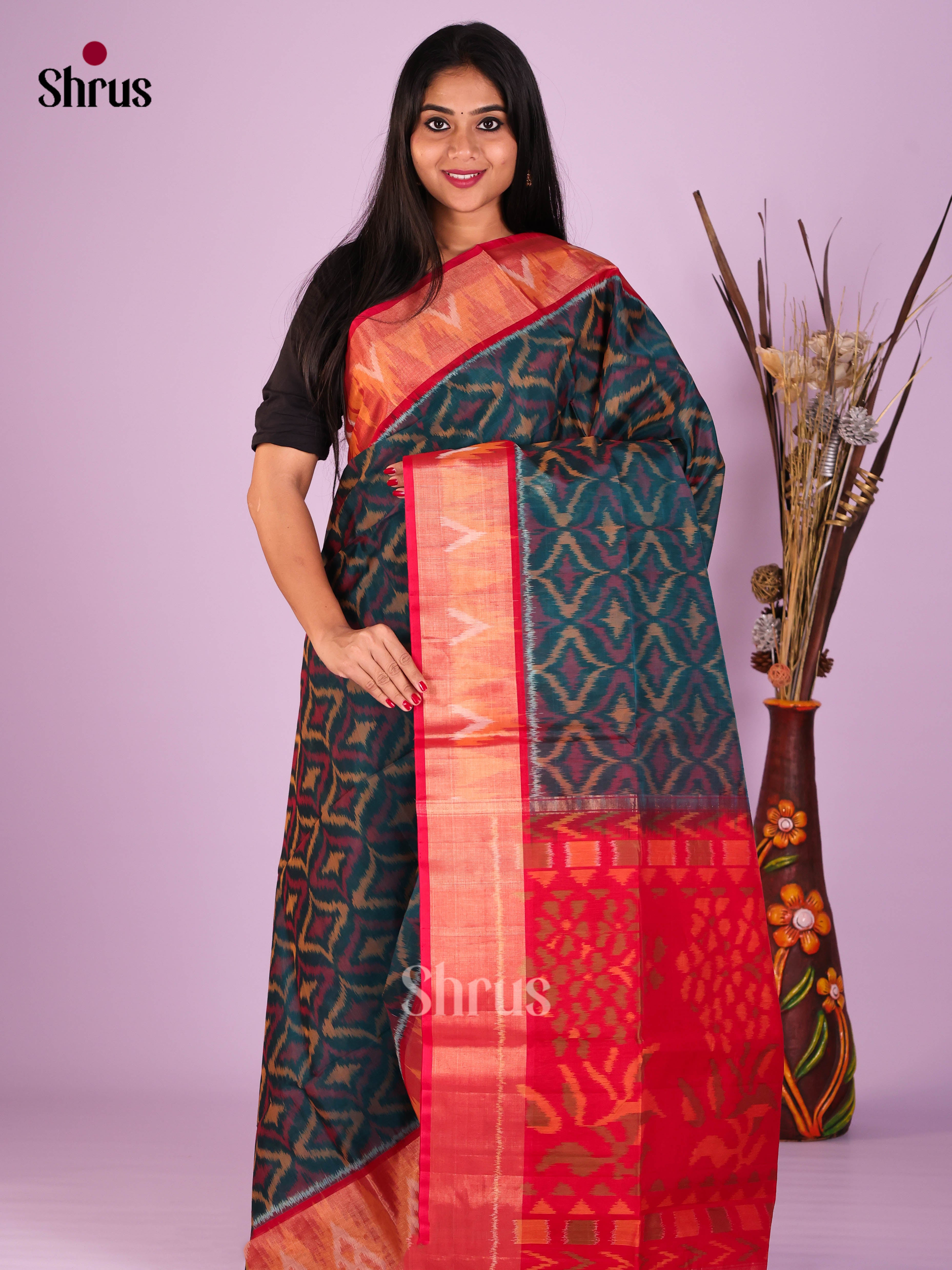 Dark Green & Red - Pochampally sico Saree - Shop on Shrus.com