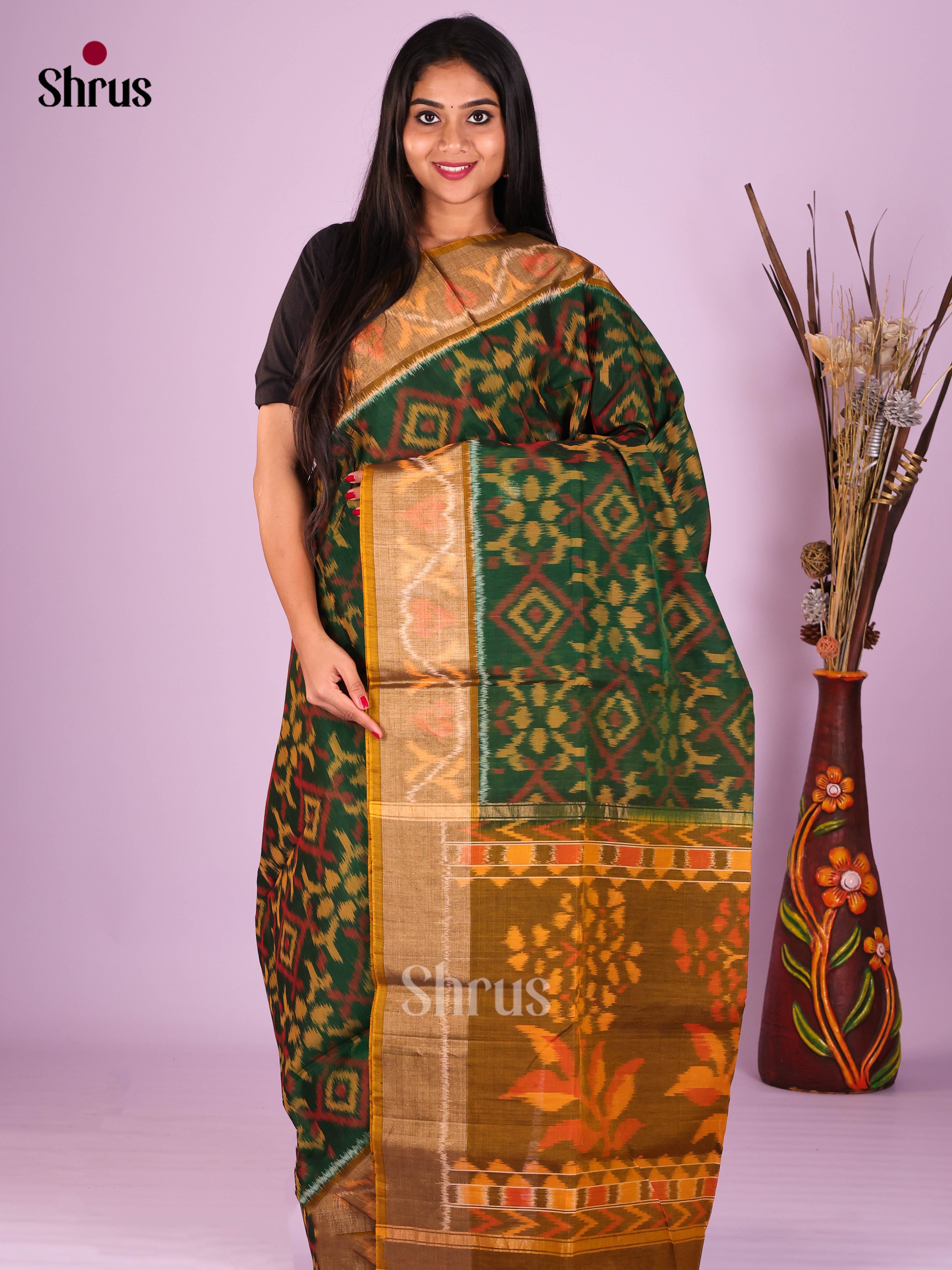 Green & Mehandi - Pochampally sico Saree - Shop on Shrus.com