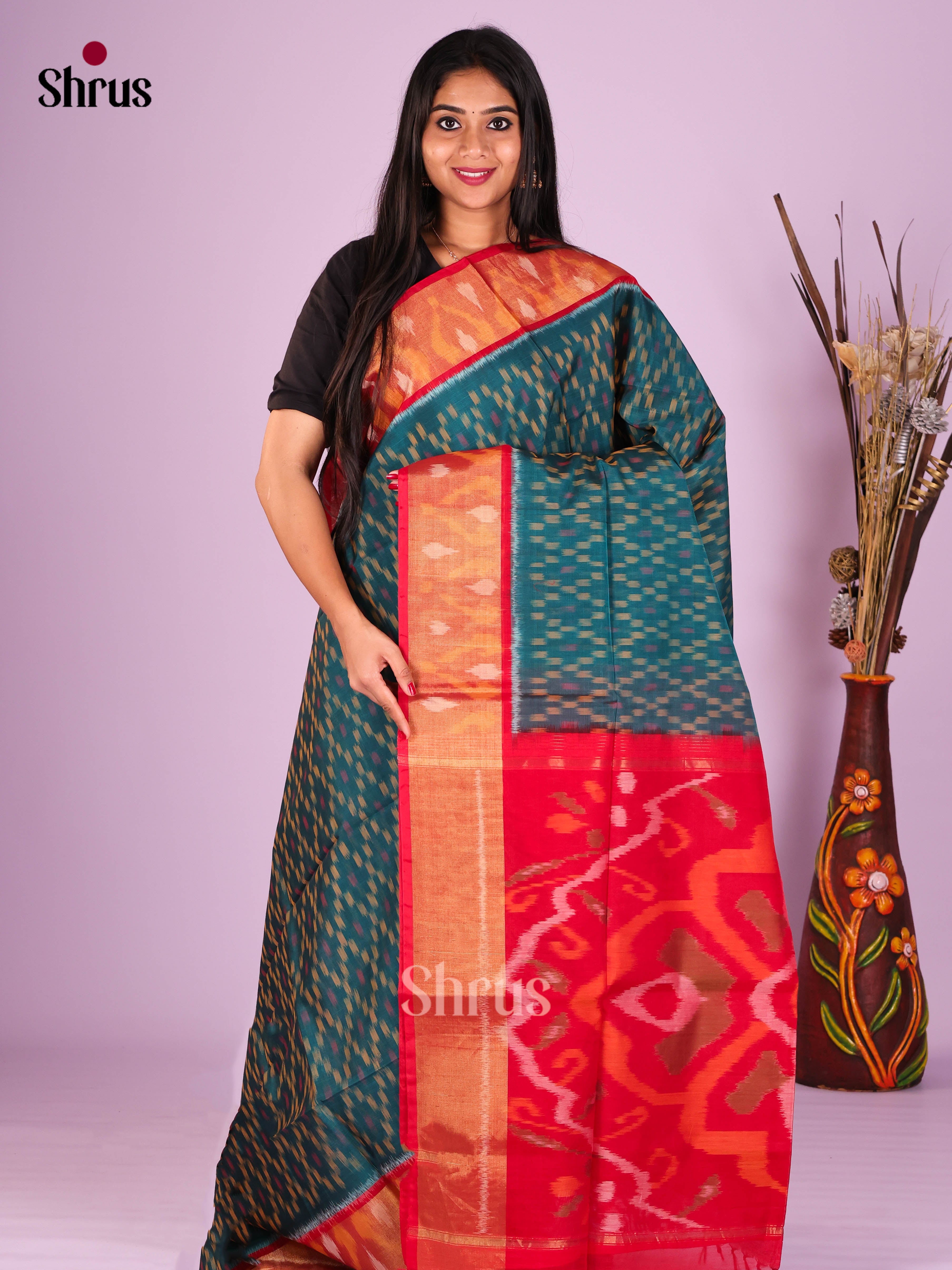 Peacock Green & Red - Pochampally sico Saree - Shop on Shrus.com