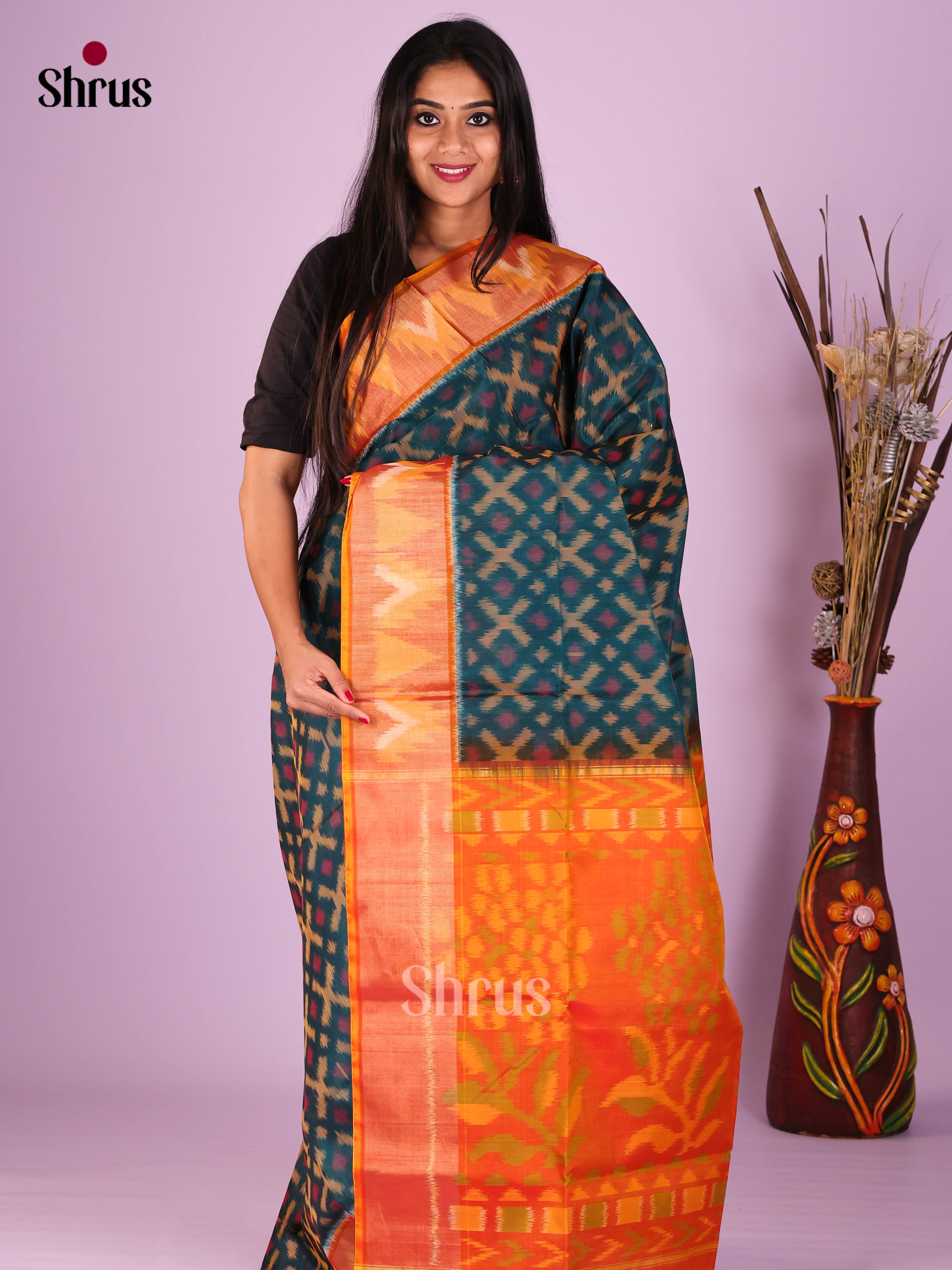 Peacock Green & Orange - Pochampally sico Saree - Shop on Shrus.com
