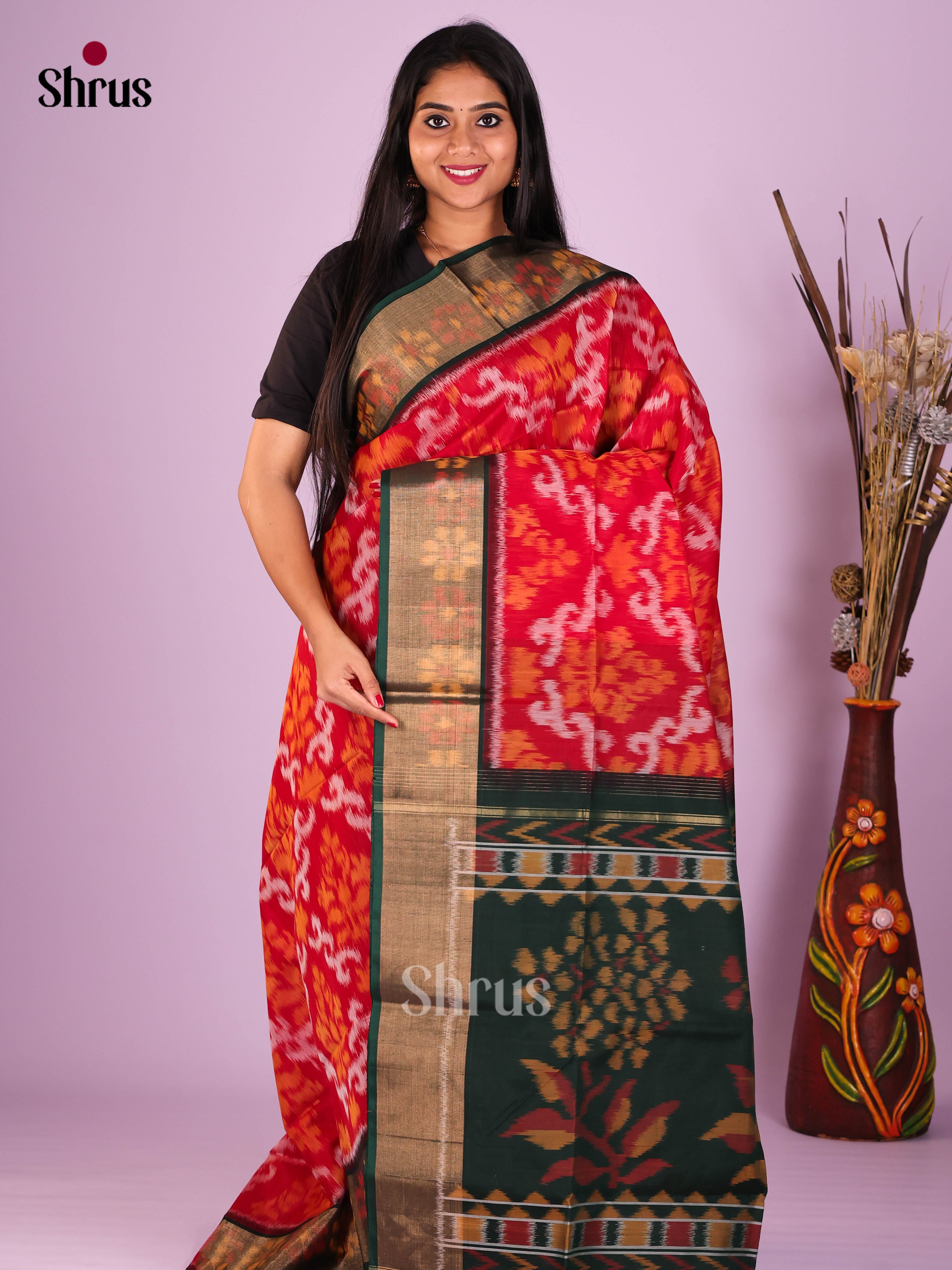 Red & Green - Pochampally sico Saree - Shop on Shrus.com