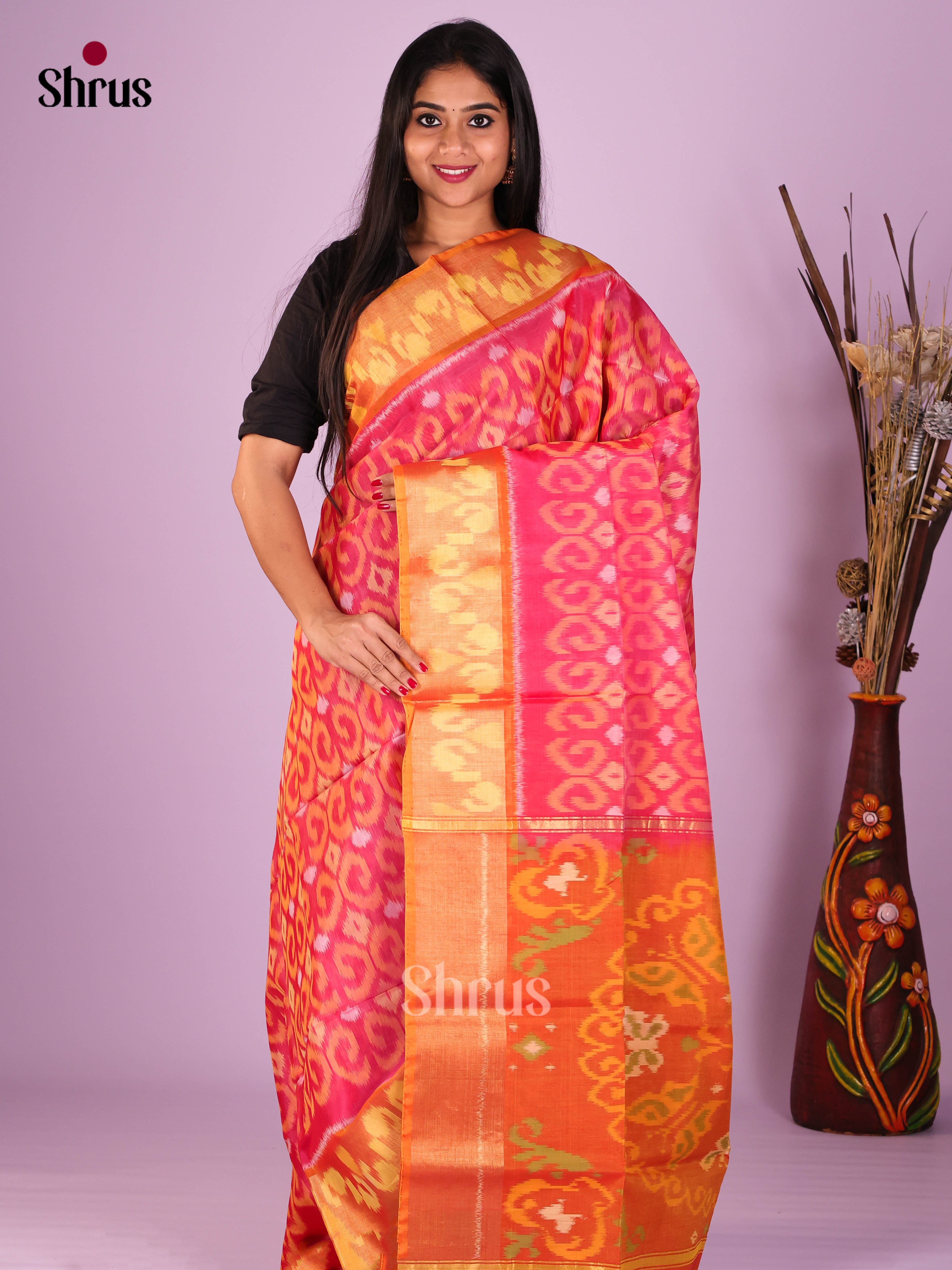 Pink & Orange - Pochampally sico Saree - Shop on Shrus.com