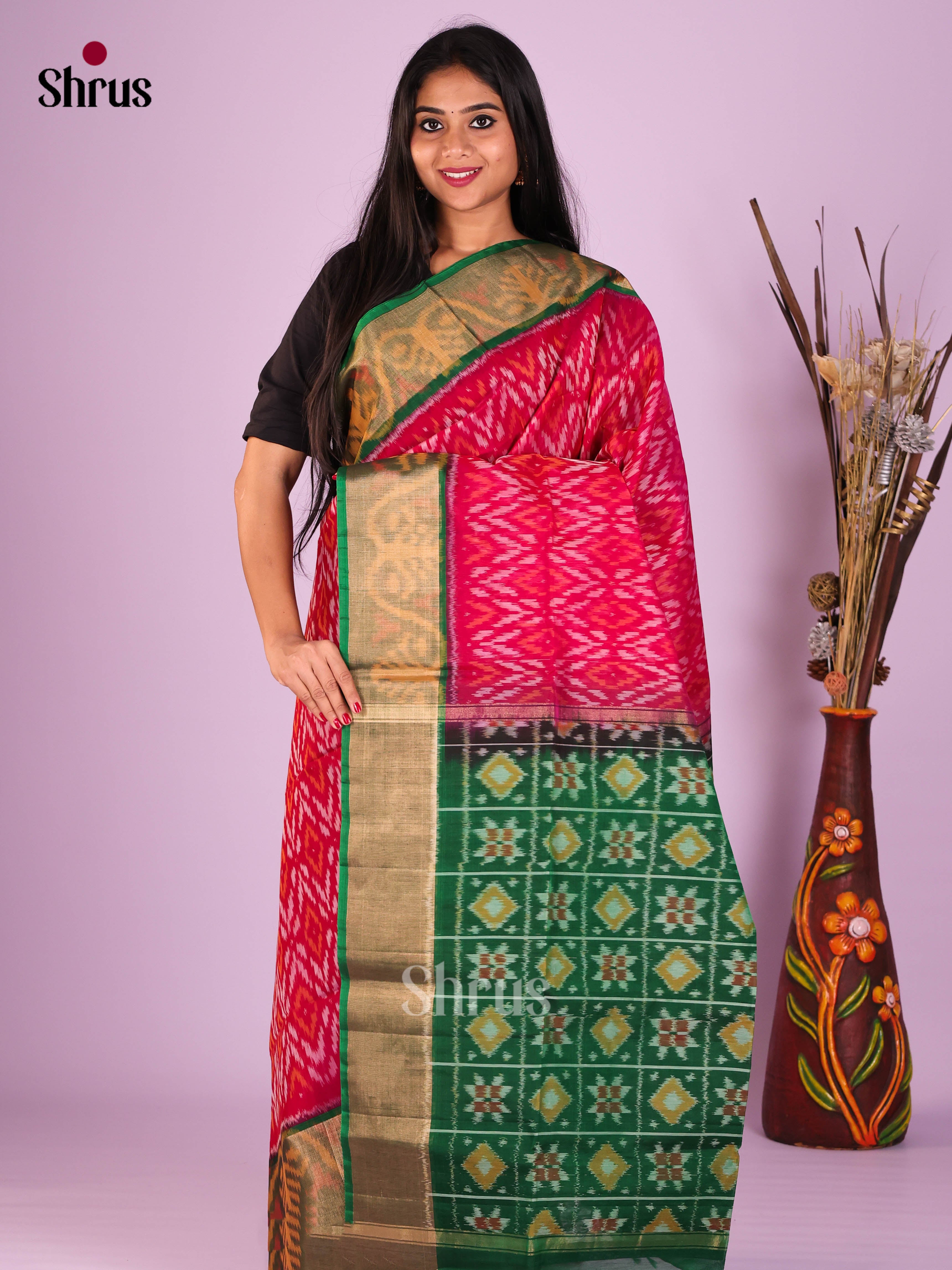 Pink & Green - Pochampally sico Saree - Shop on Shrus.com