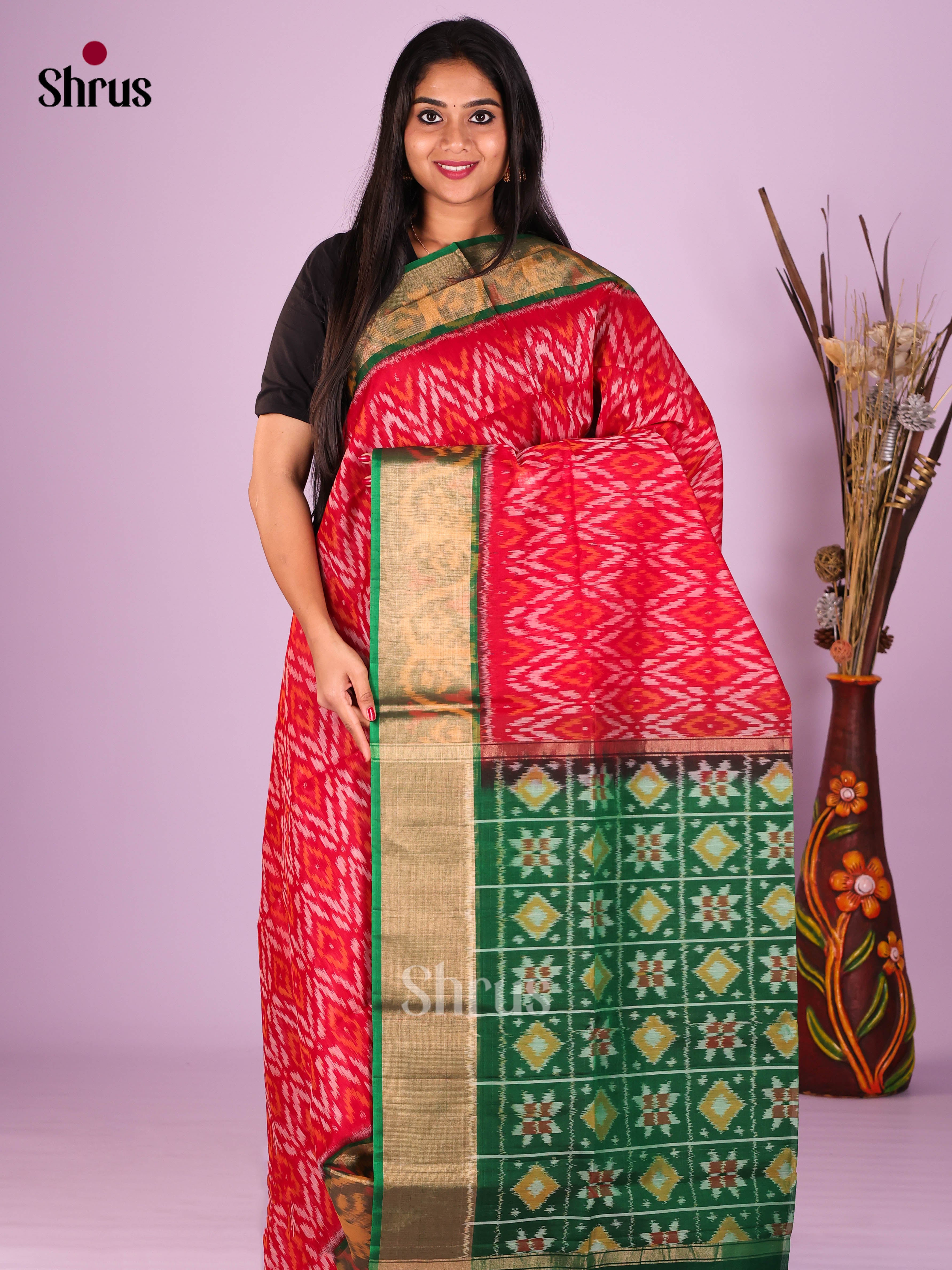 Reddish Pink & Green - Pochampally sico Saree